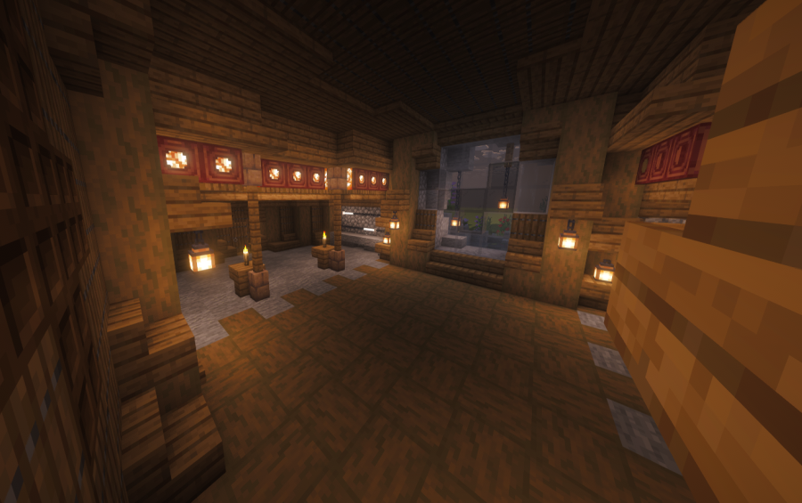 Underground House Beneath Hot Springs Schematic Screenshots 3 Spacious underground wooden room featuring warm lantern lighting and a large glass window