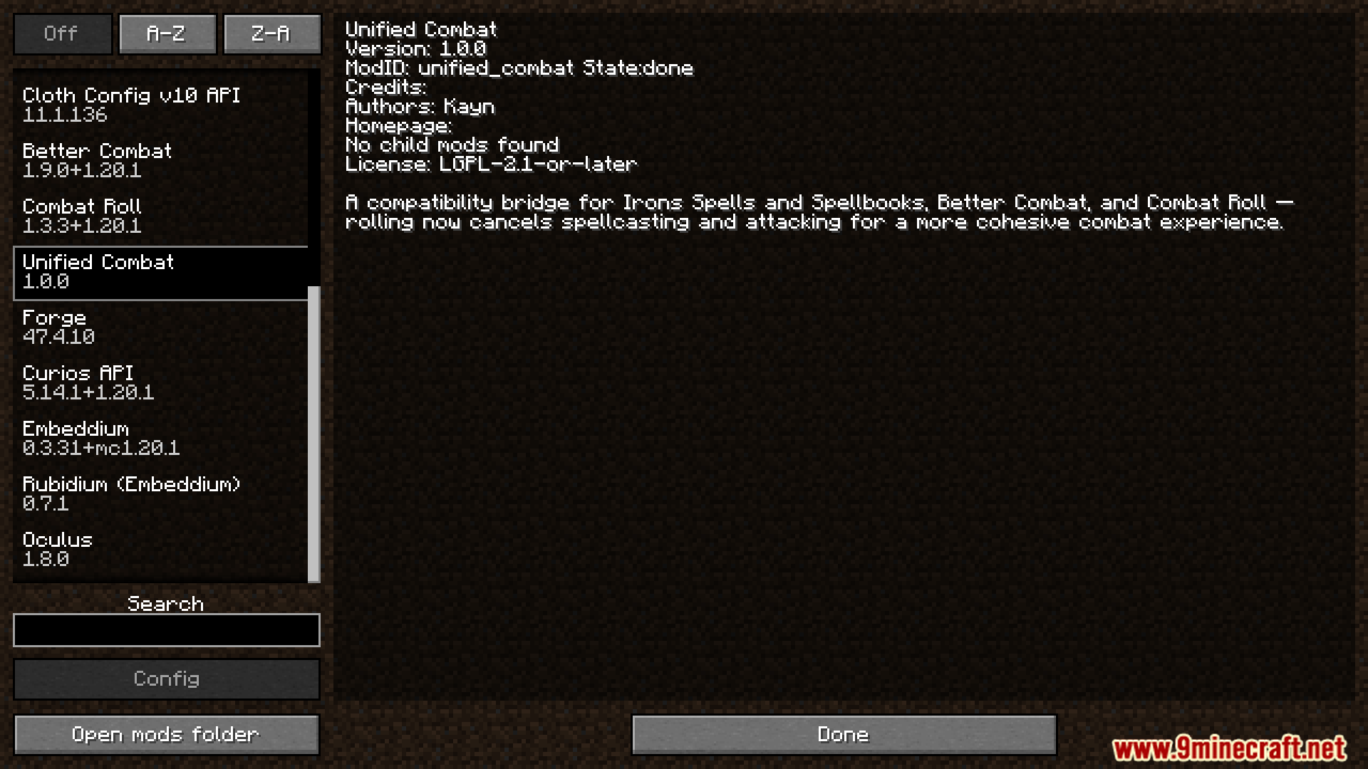 Unified Combat mod information screen in Minecraft