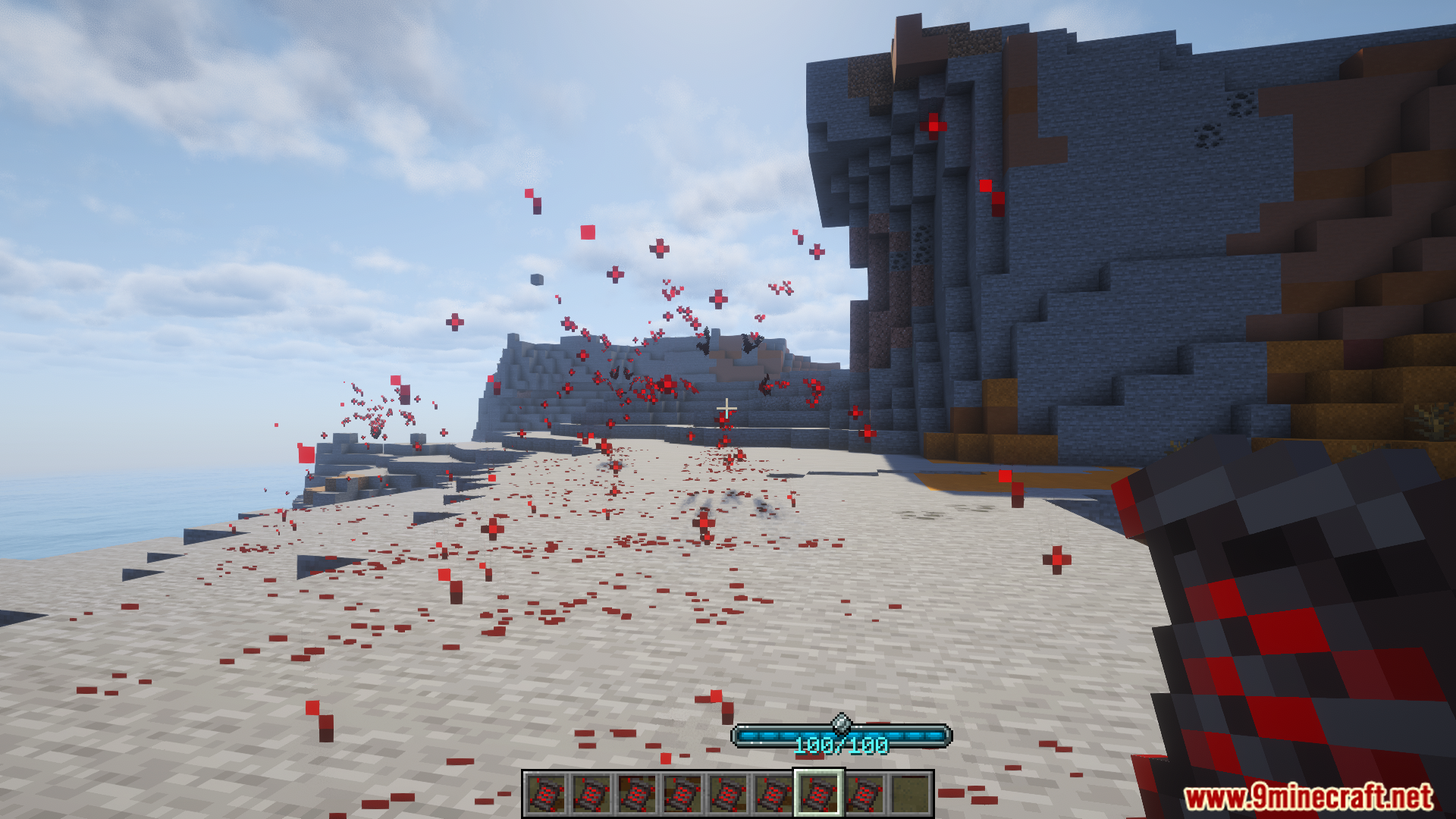 Red magic particles float in the air
