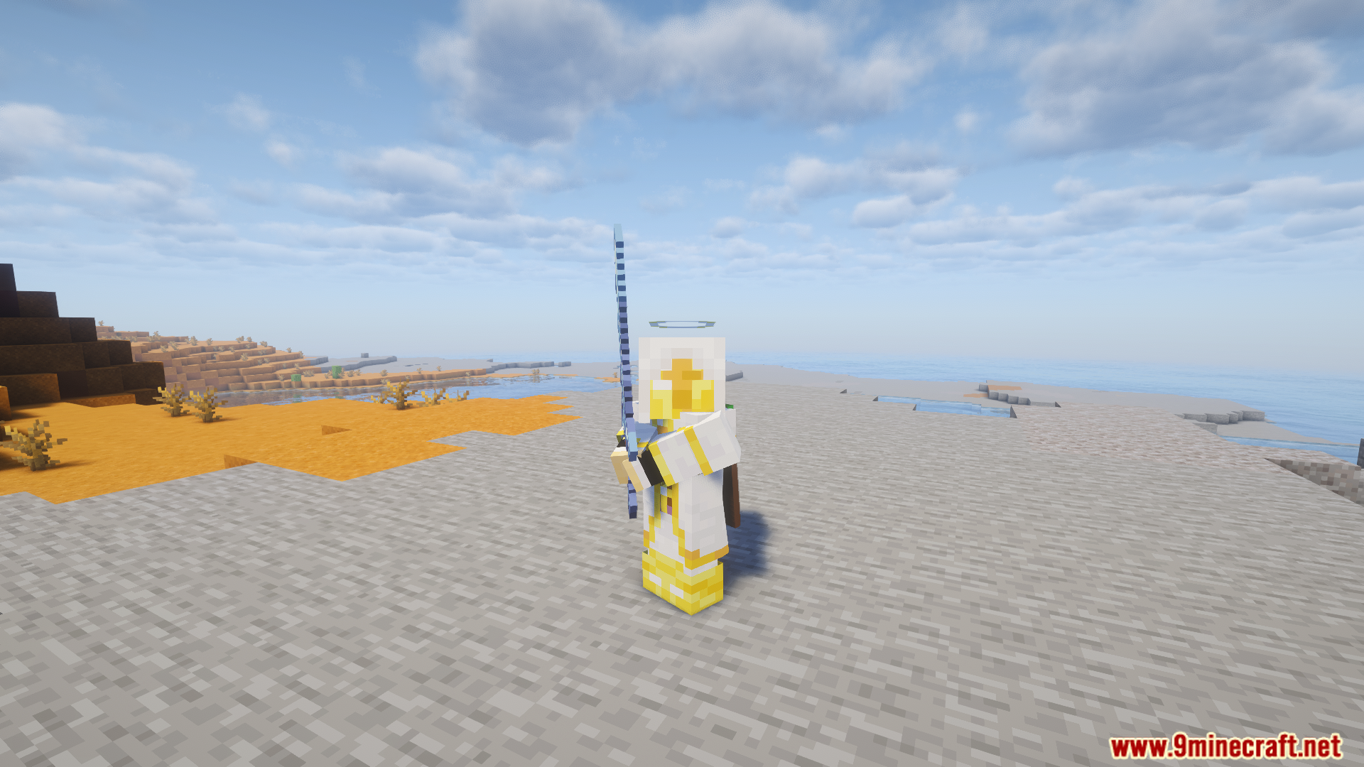 Angelic character holding a glowing blue sword on a beach
