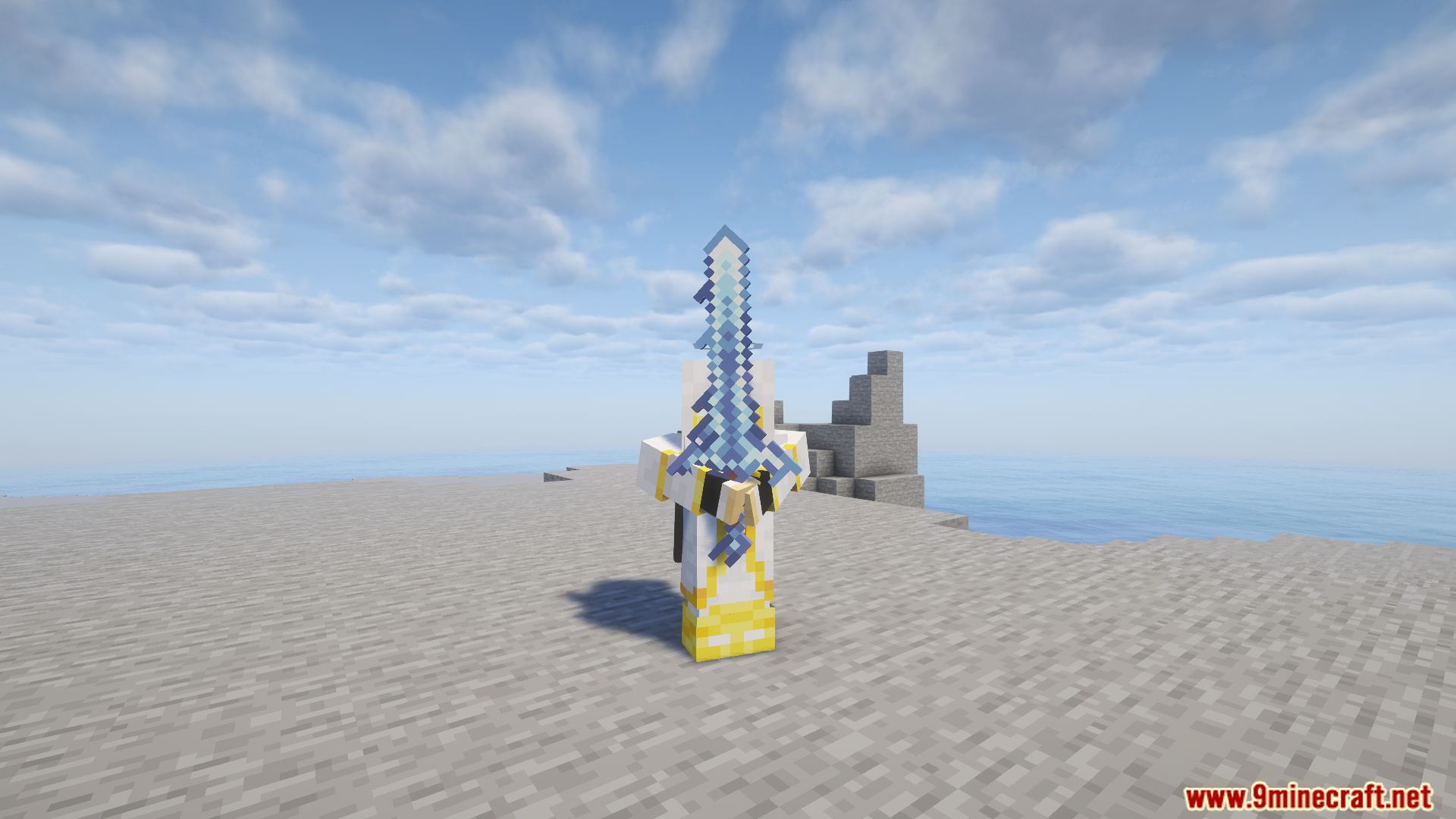 Close-up of the ornate blue and white magic sword