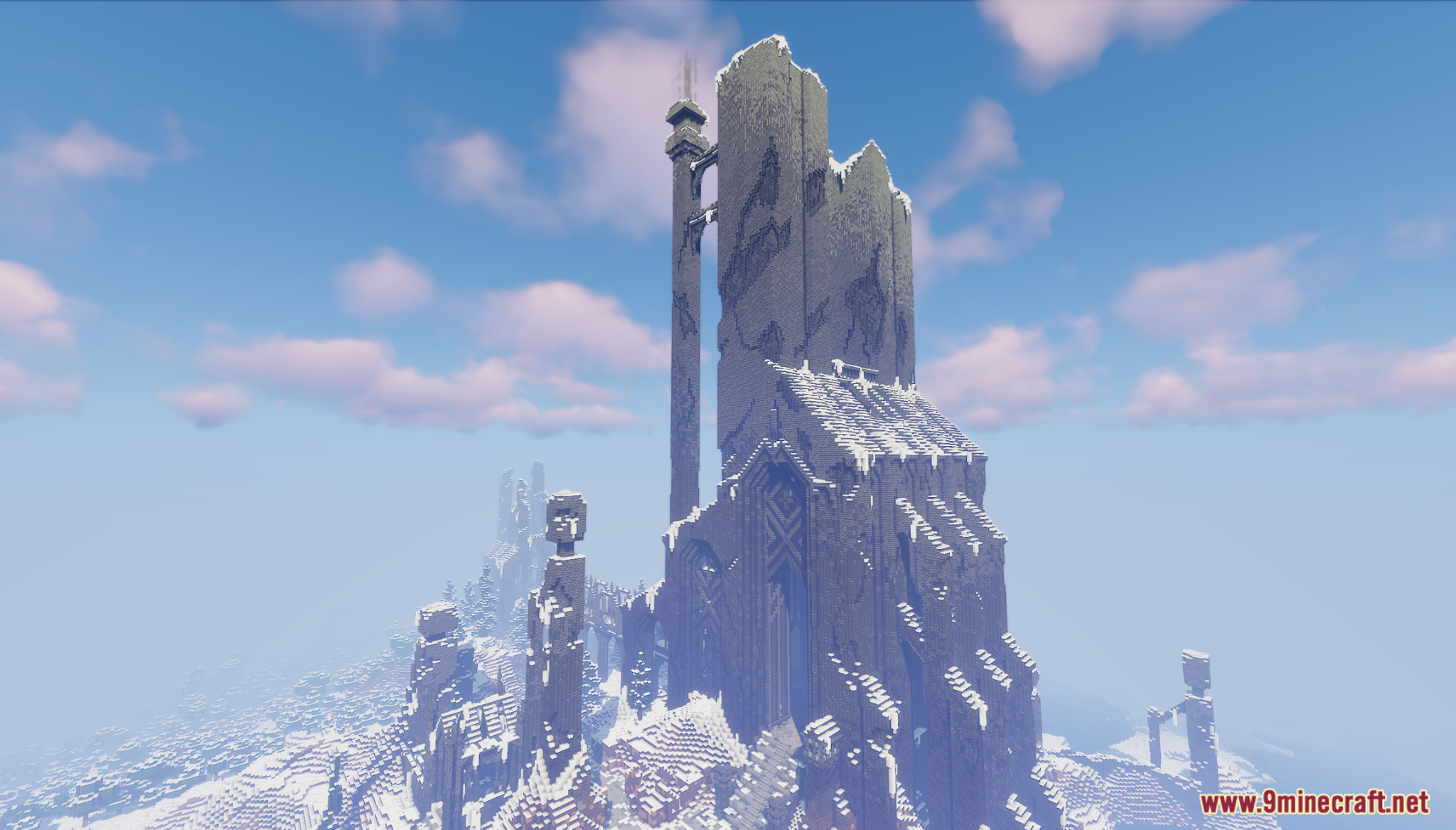 Utgard Map Screenshot 10 Tall broken stone tower attached to a massive ruined fortress in snow