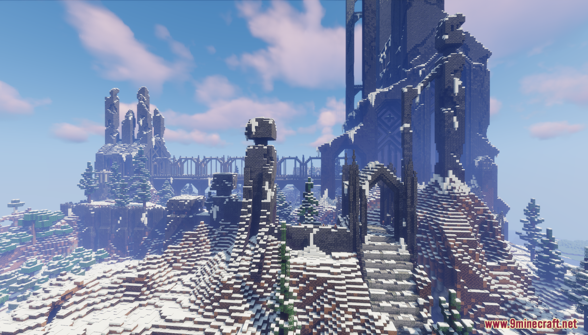 Utgard Map Screenshot 2 Dark stone ruins featuring a bridge and stairs in a snowy environment