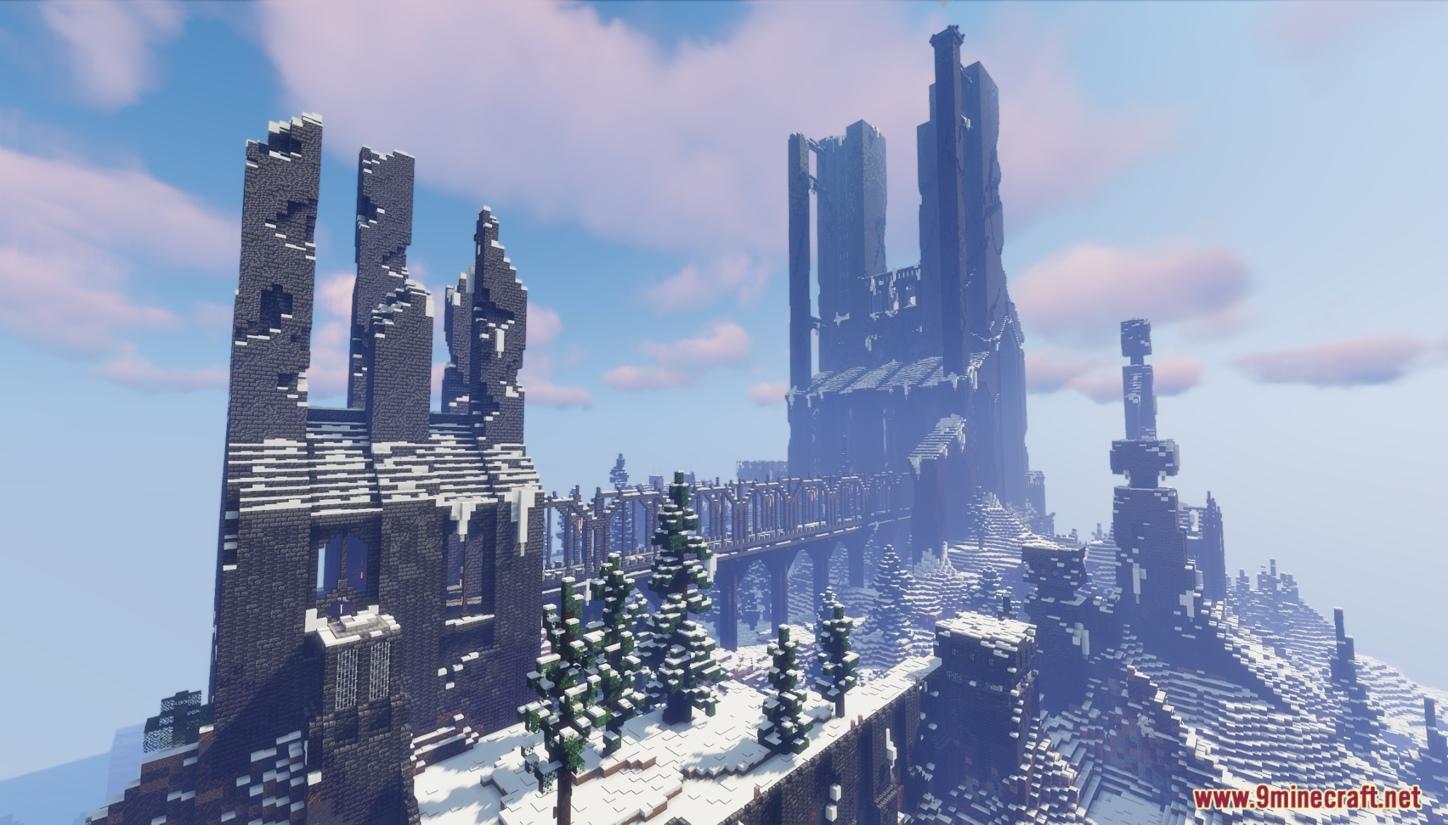 Utgard Map Screenshot 3 Massive ruined dark stone castle with a long bridge in a snowy biome