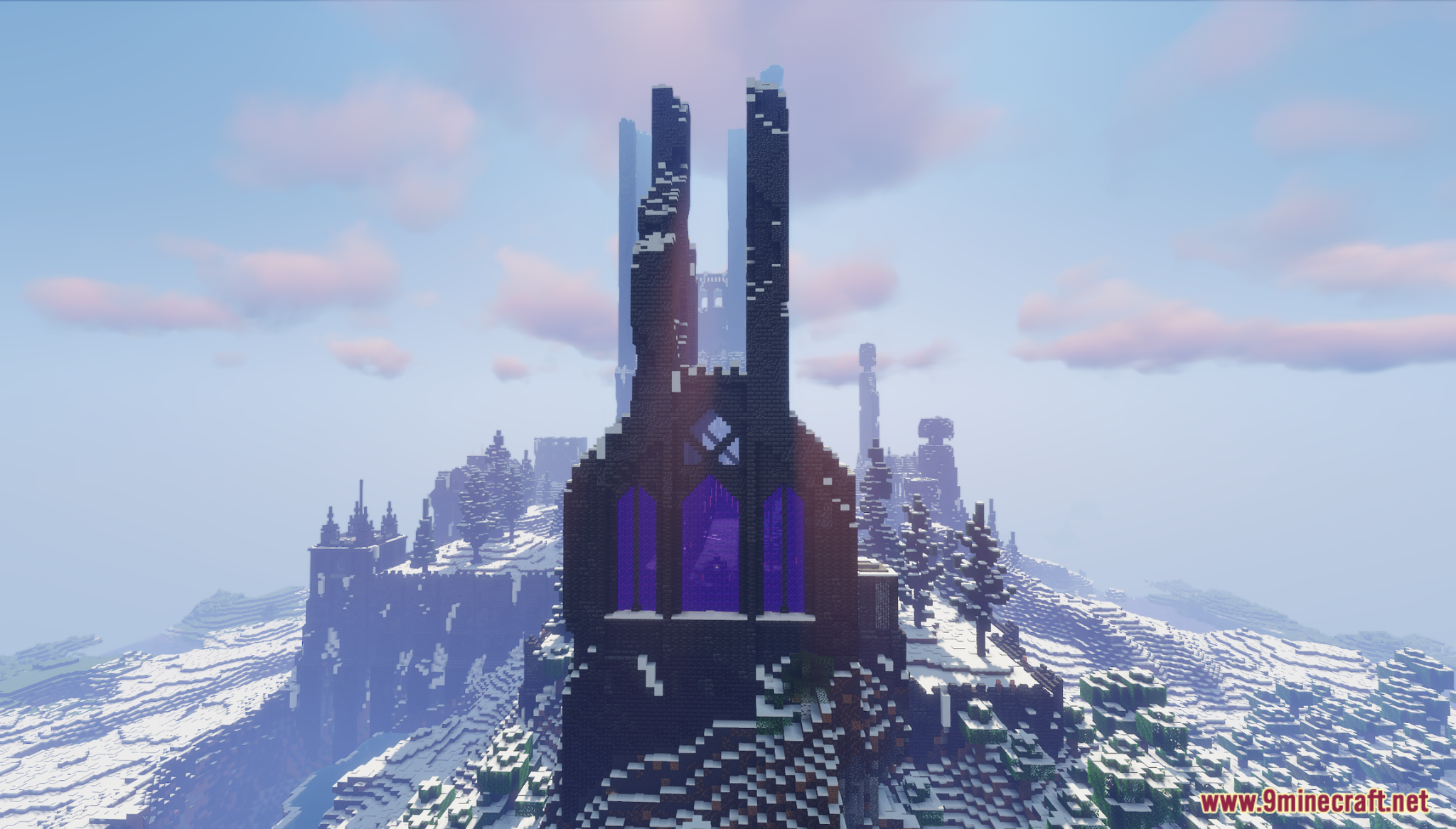 Utgard Map Screenshot 4 Close view of ruined dark stone towers with large purple stained glass windows
