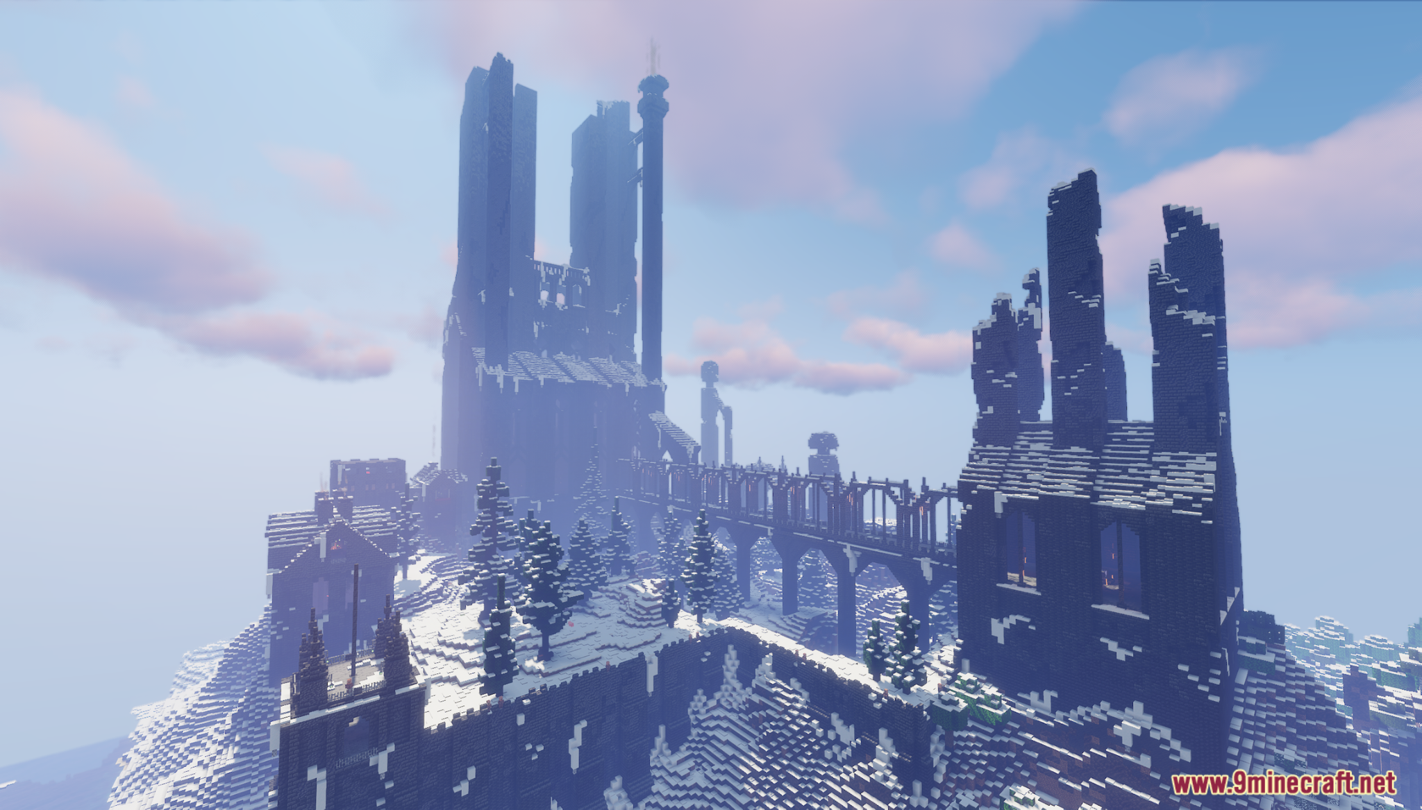 Utgard Map Screenshot 5 Dark fortress with a bridge and tall towers on a snowy mountain peak