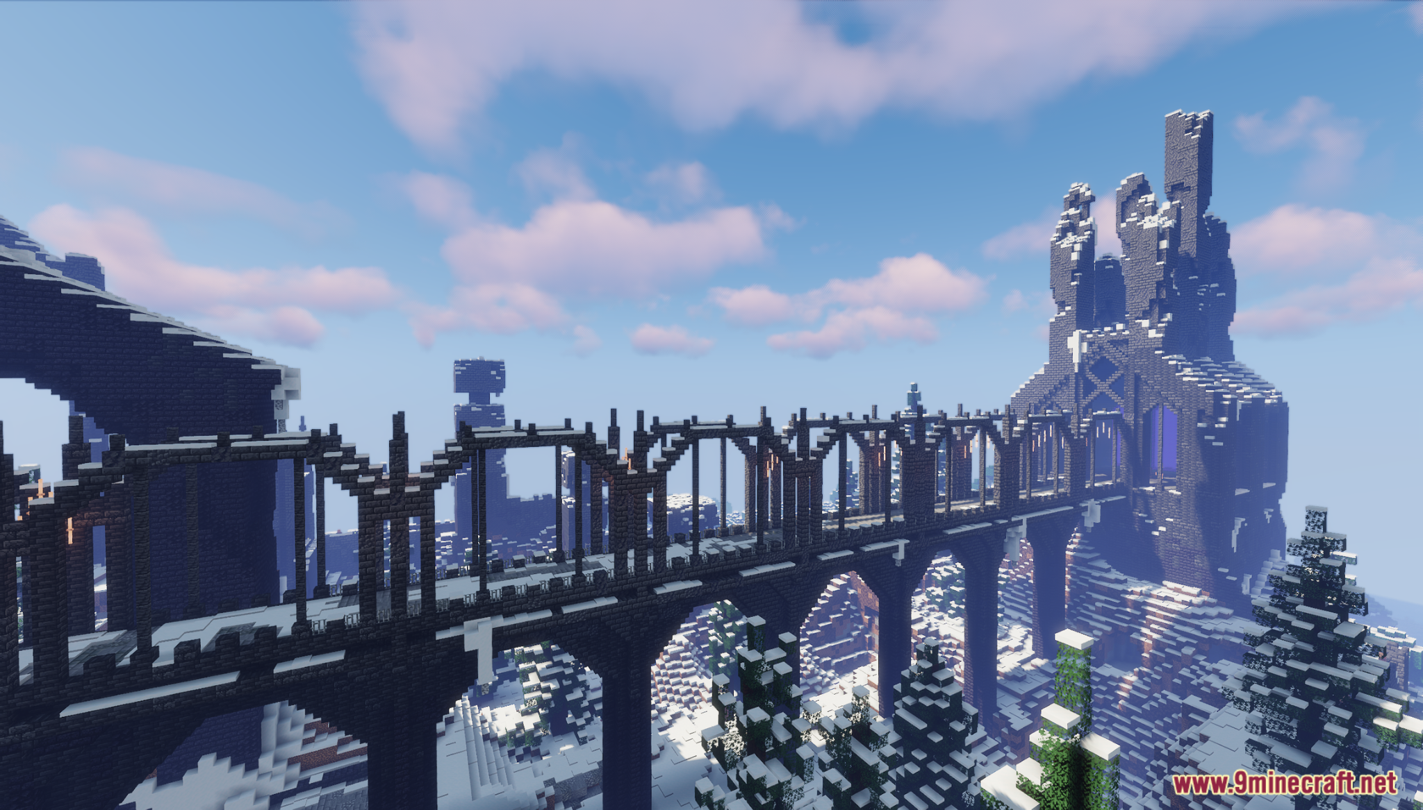 Utgard Map Screenshot 7 Large dark stone bridge leading to a towering castle in a snowy landscape
