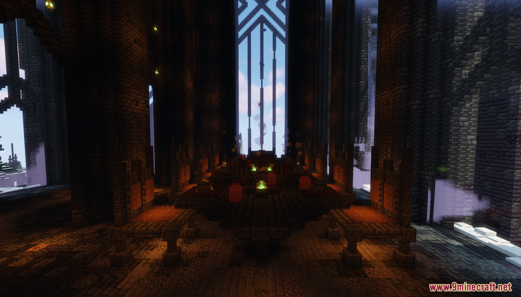 Utgard Map Screenshot 8 Large wooden table and chairs inside a dark gothic room with tall windows