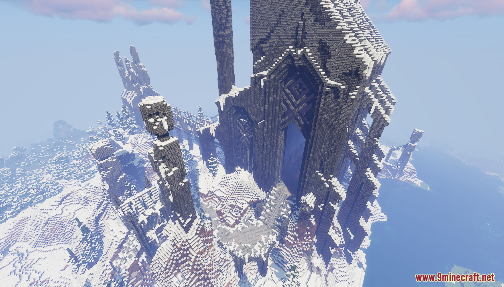 Utgard Map Screenshot 9 High angle view of a ruined stone fortress entrance in snowy terrain