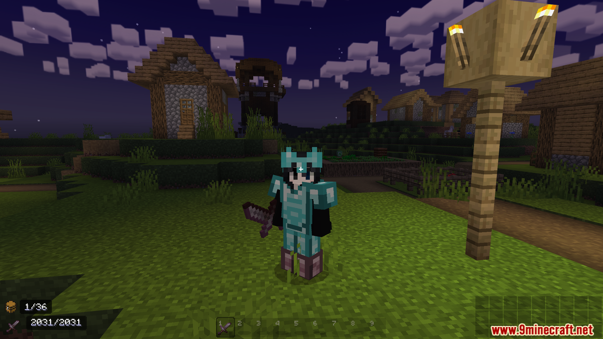 Player wearing diamond armor holds a smaller sword for better visibility