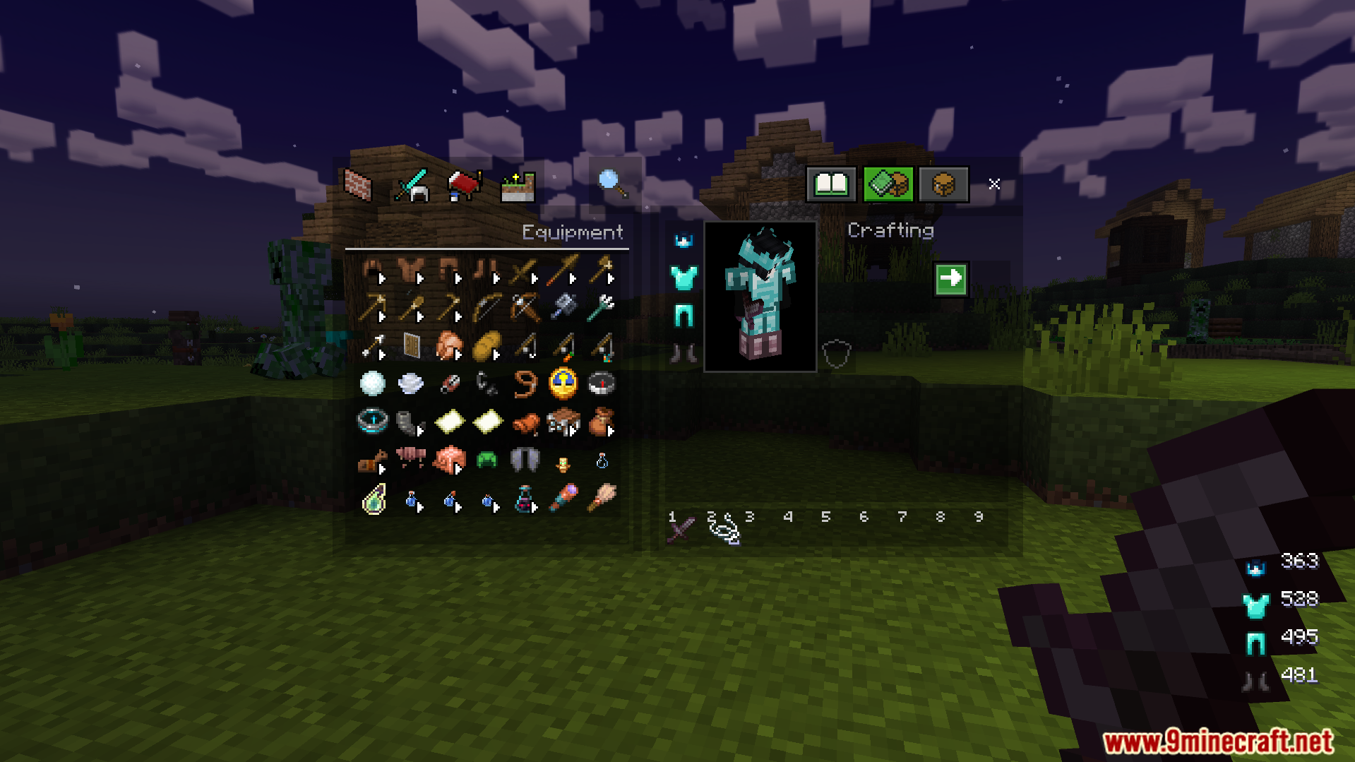 Viewing the inventory screen with various tools and items for fighting