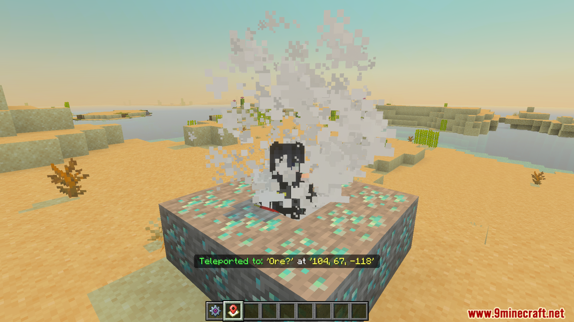 Vanilla Waypoints Addon Screenshot 11 player teleporting instantly to a saved waypoint location with visual smoke particles