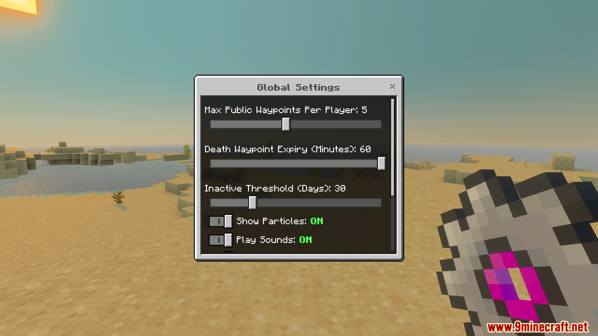 Vanilla Waypoints Addon Screenshot 2 global settings menu adjusting max waypoints death expiry and visual particle toggles