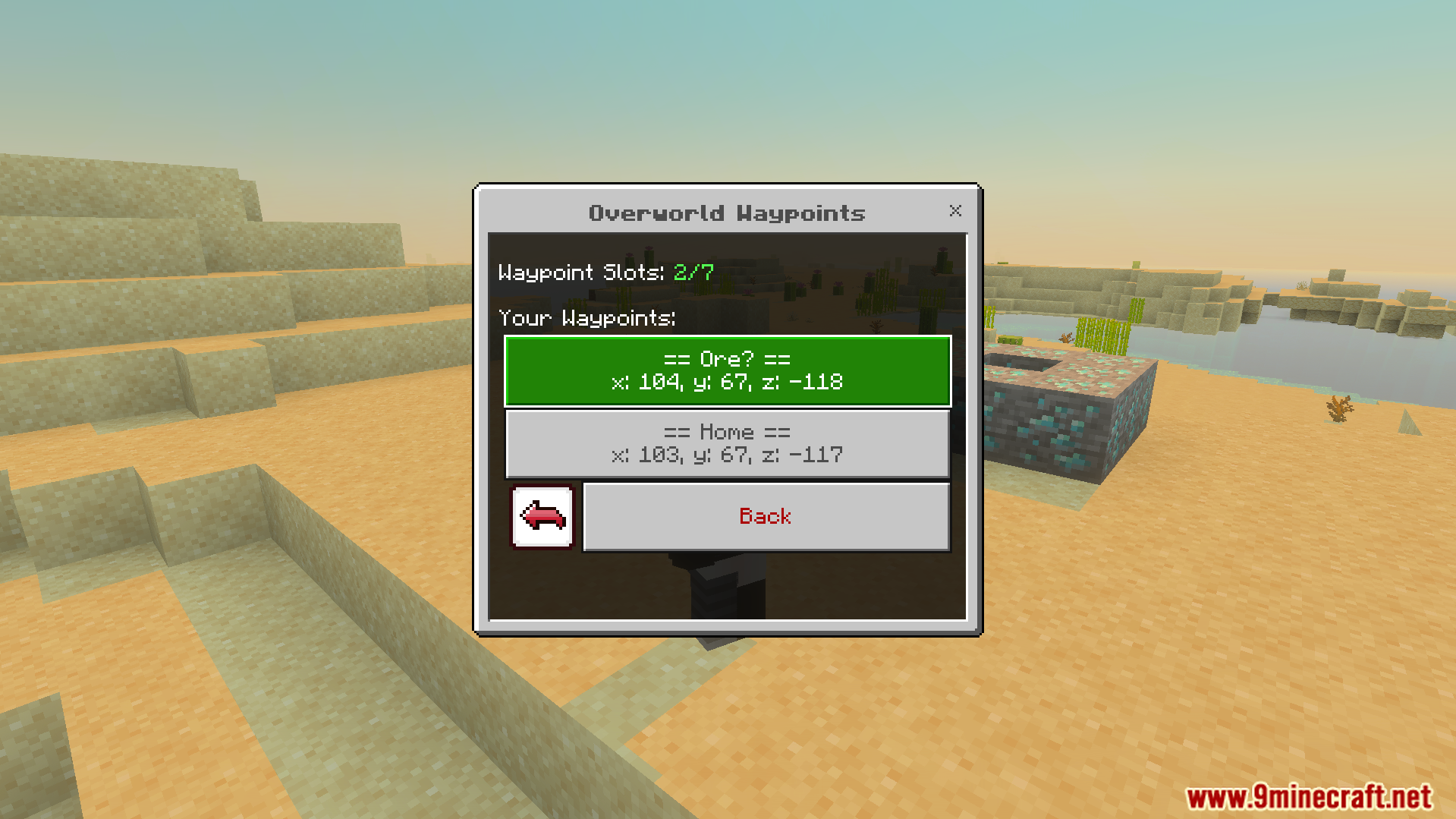Vanilla Waypoints Addon Screenshot 9 Overworld waypoints menu showing saved locations with exact coordinates for teleportation