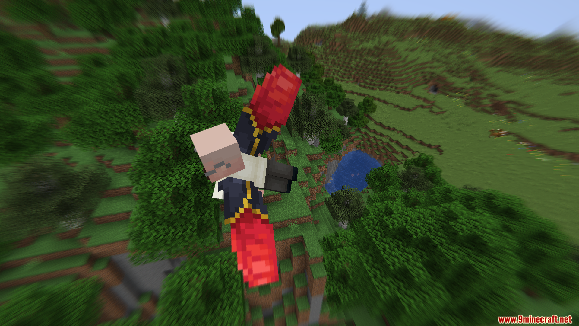 Villager flying with red elytra over a forest