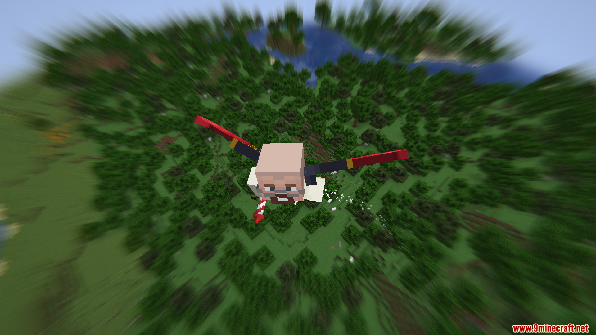 Villager flying at high speed with strong velocity blur effect