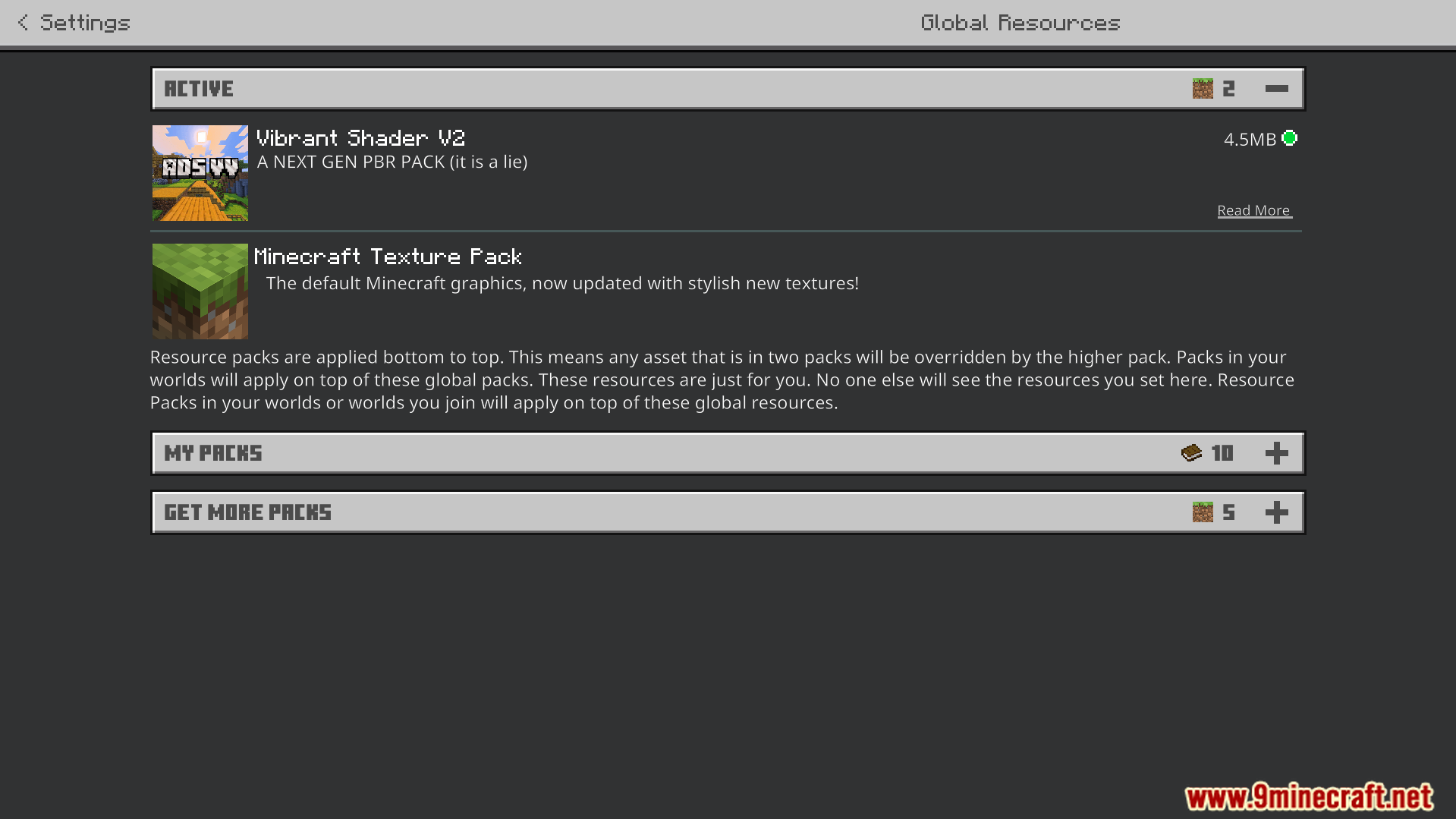 Vibrant Shader Screenshot 1 Settings menu showing active global resources with Vibrant Shader V2 selected