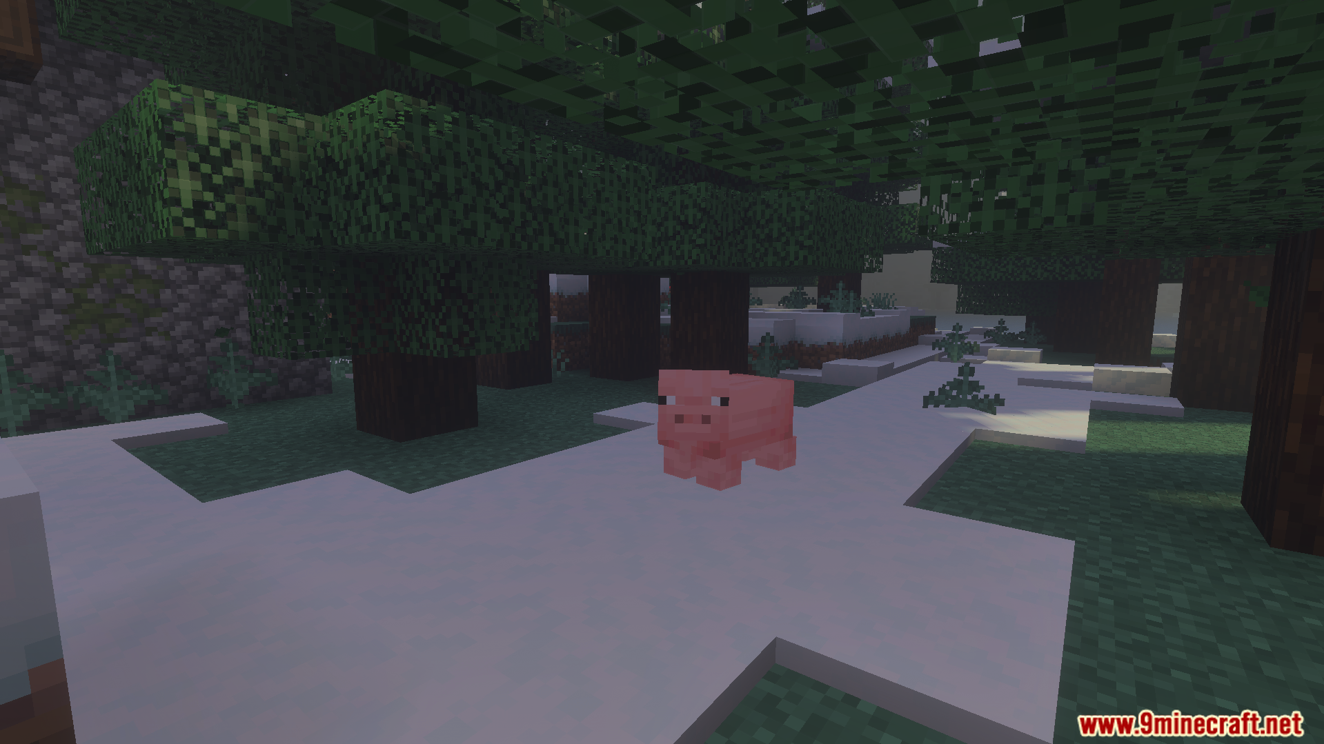 Vibrant Shader Screenshot 6 Pig standing under green trees in a more colorful forest biome