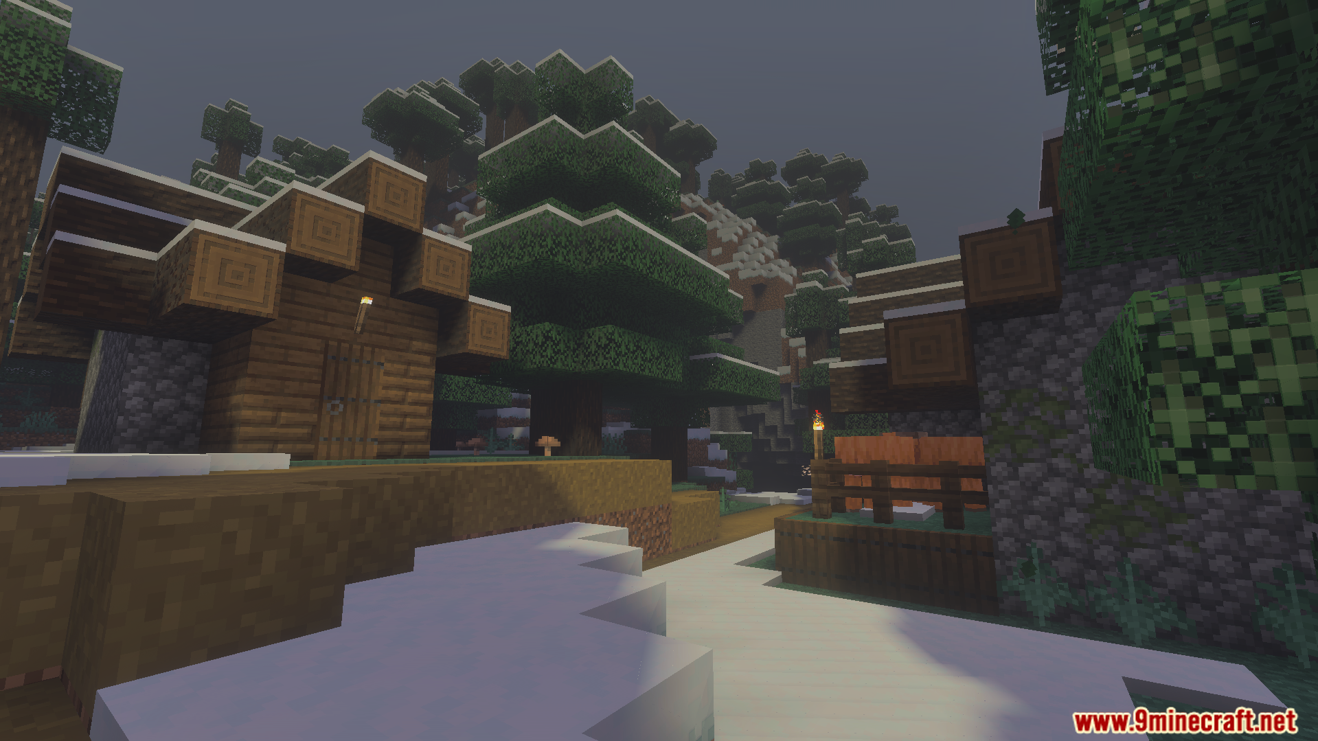 Vibrant Shader Screenshot 7 Snowy village with wooden houses and pine trees