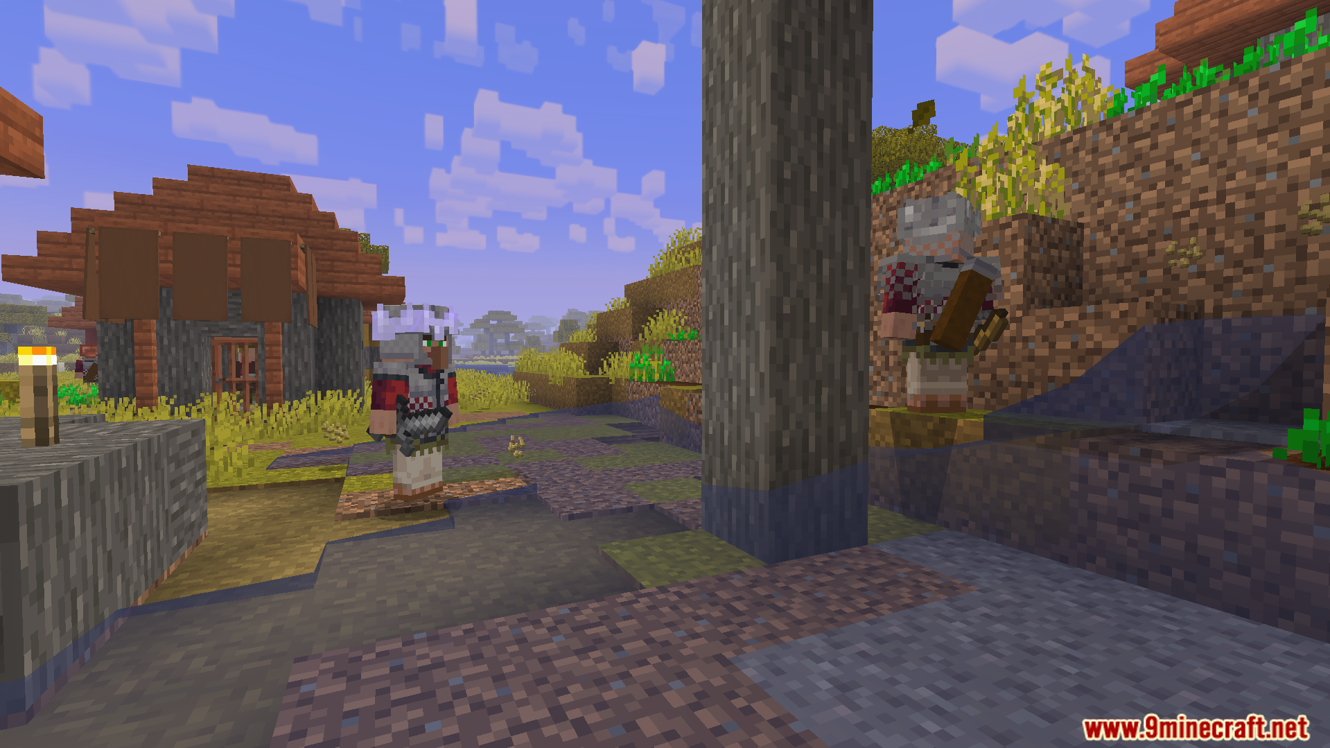 Two armored villagers stand guard in a village near a tree