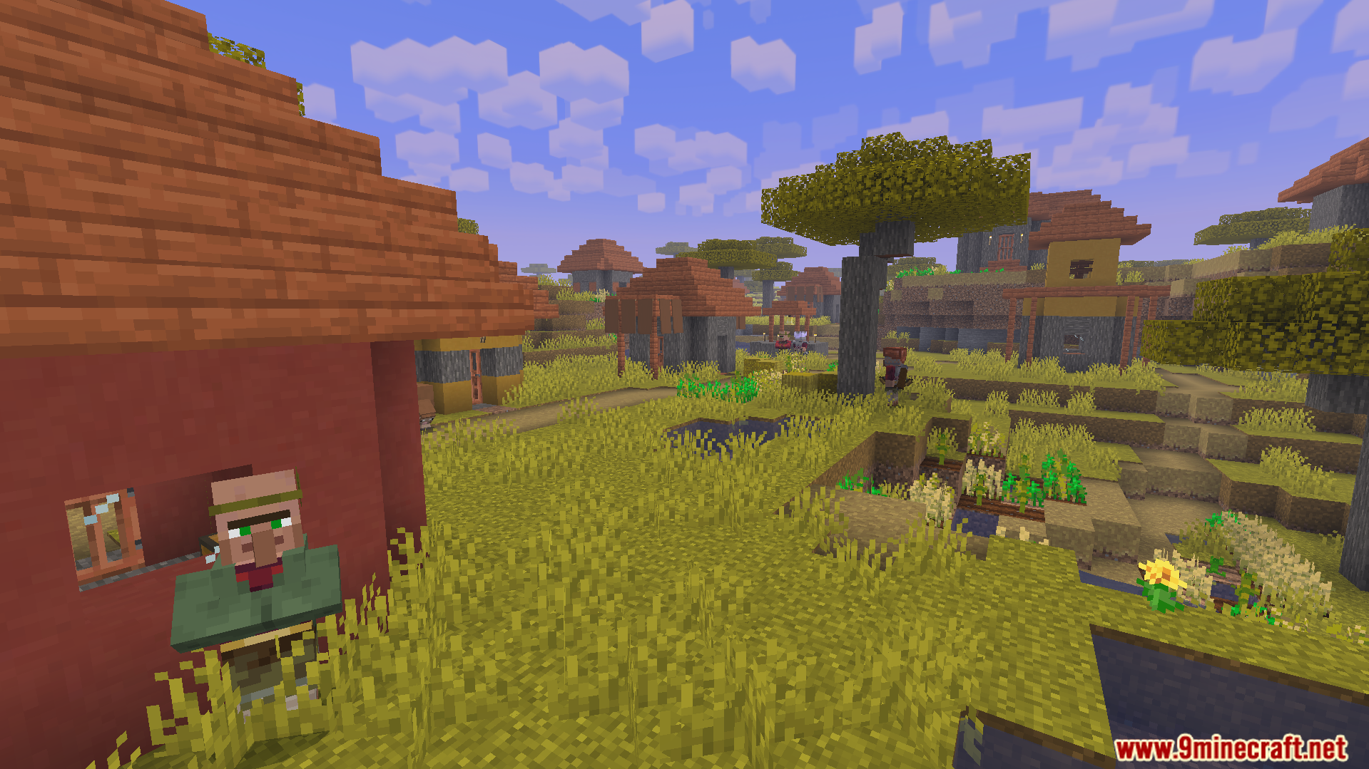 Villager standing next to a red house in a savanna village