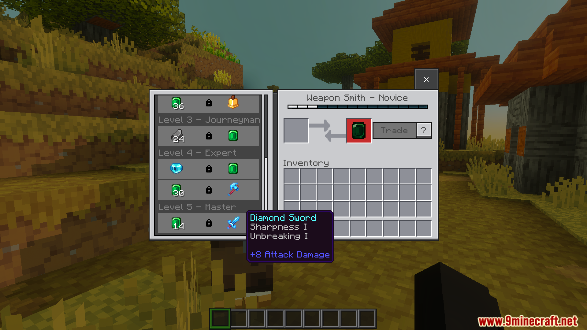 Weapon Smith villager trading menu showing locked Diamond Sword trade