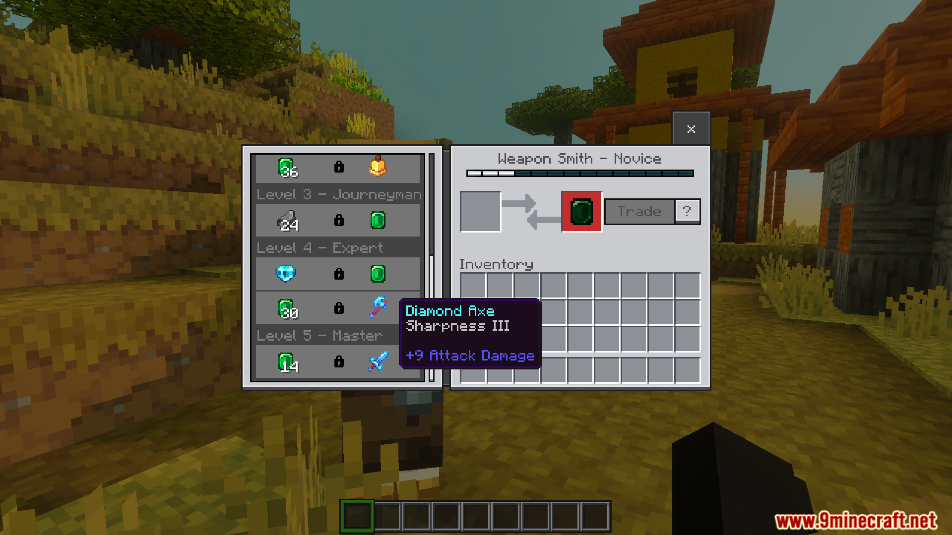 Weapon Smith villager trading menu showing locked Diamond Axe trade