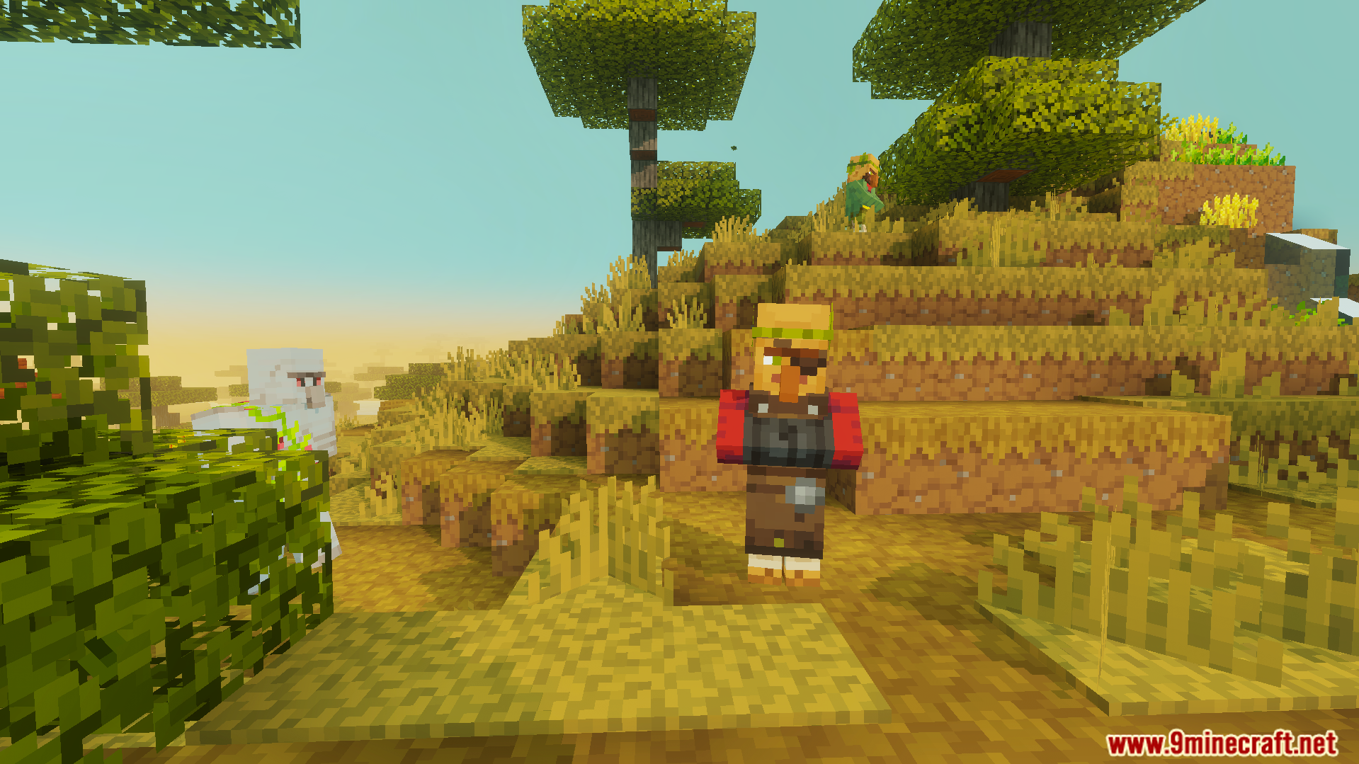 A villager stands in a savanna biome with an iron golem nearby