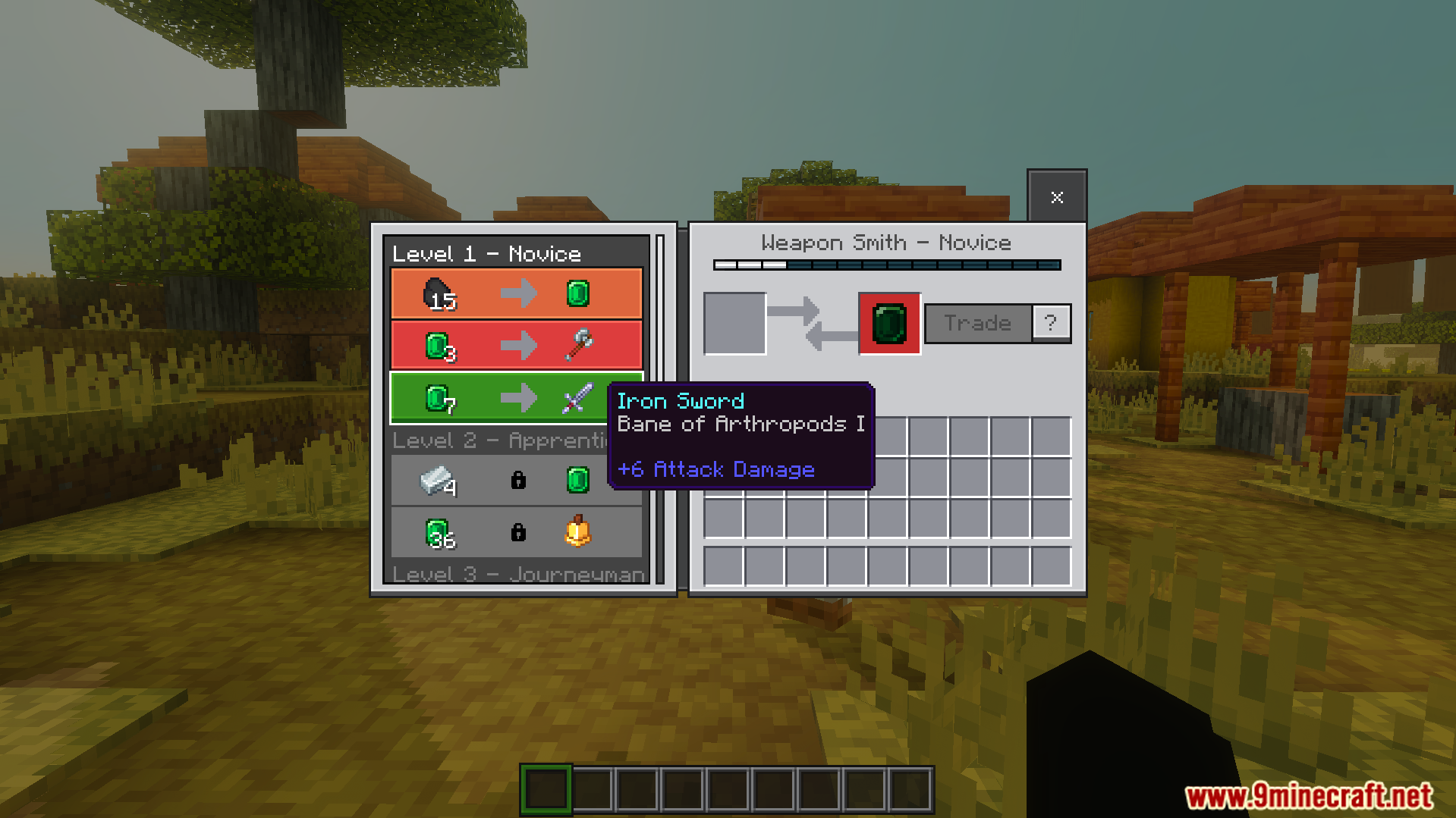 Weapon smith trading menu displaying locked future trades visible before spending emeralds