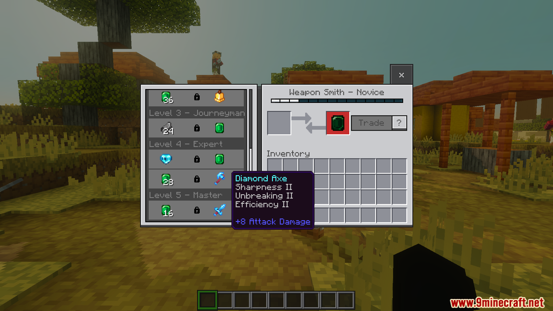 Villager trading menu showing all locked trades from level two to five instantly