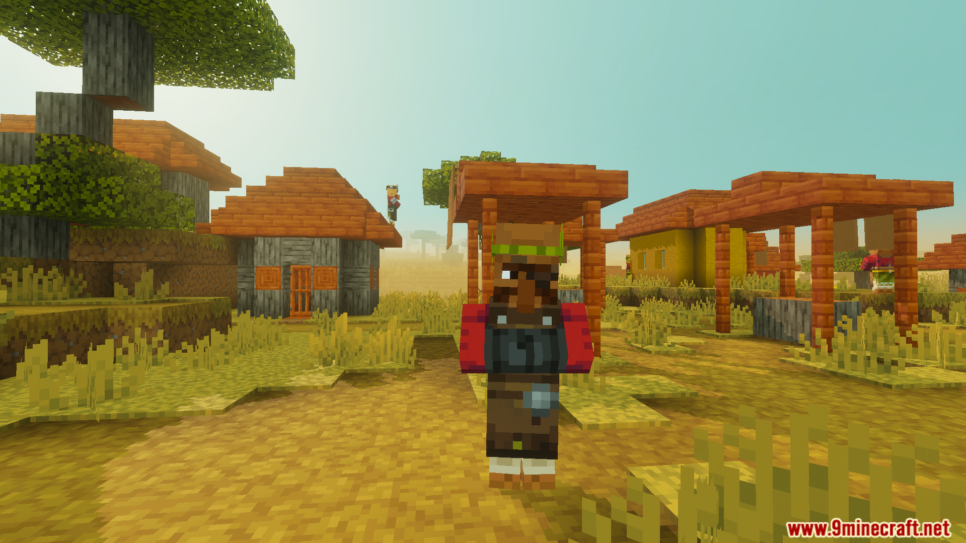 Weaponsmith villager standing in a savanna village ready to show future trades
