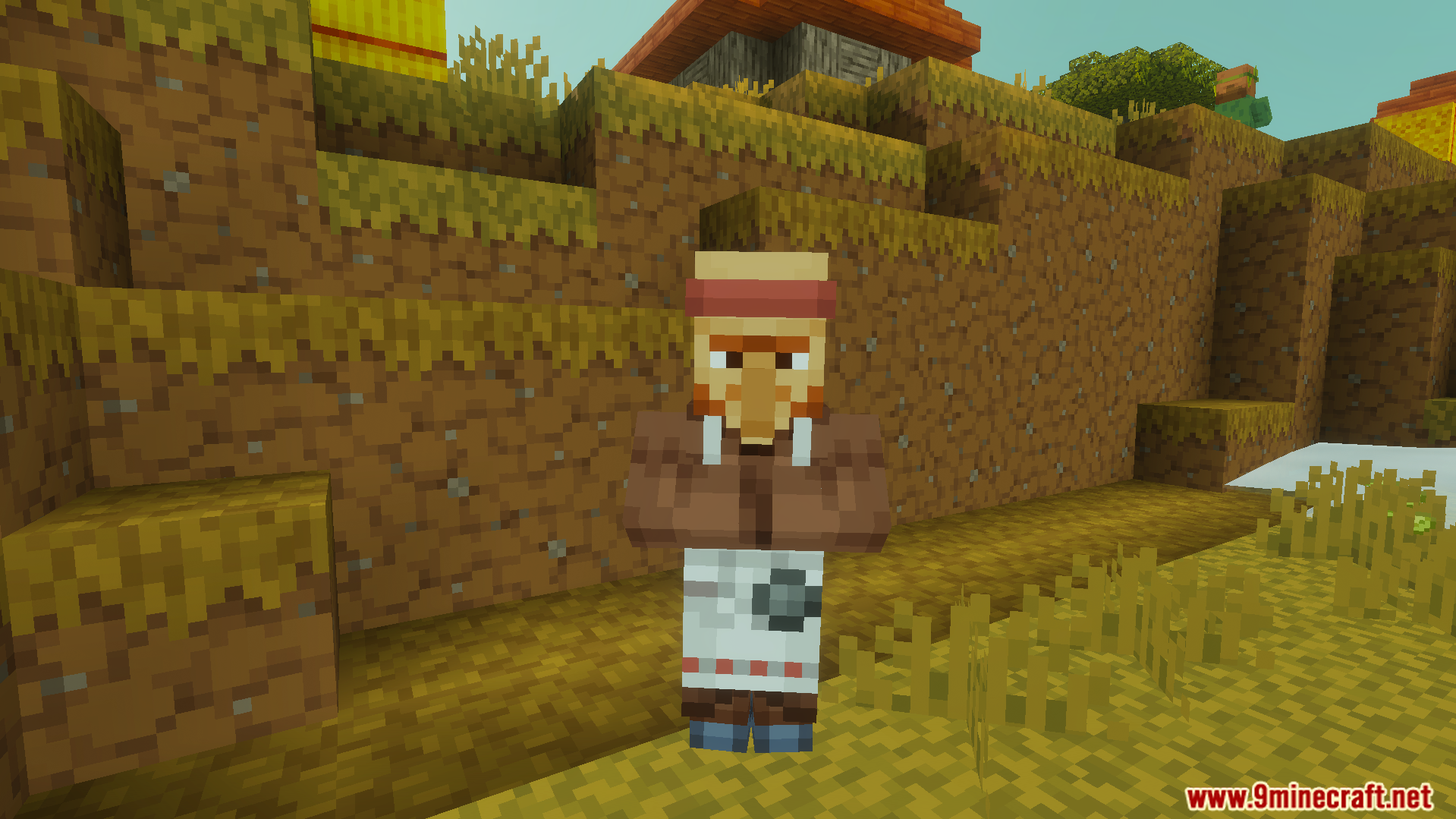 Minecraft butcher villager standing on a dirt path in a village