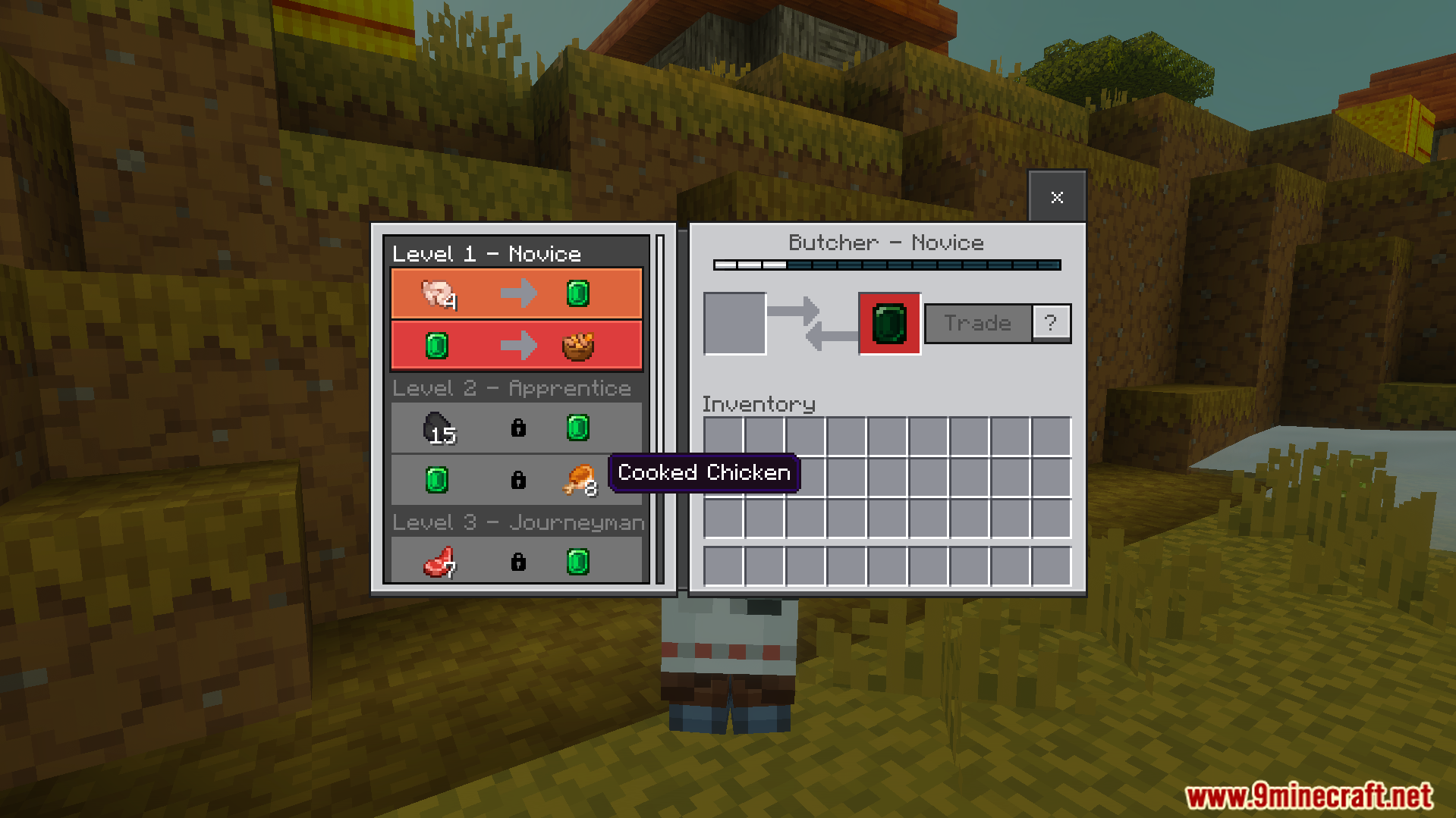 Villager trading menu displaying locked future trades without spending emeralds