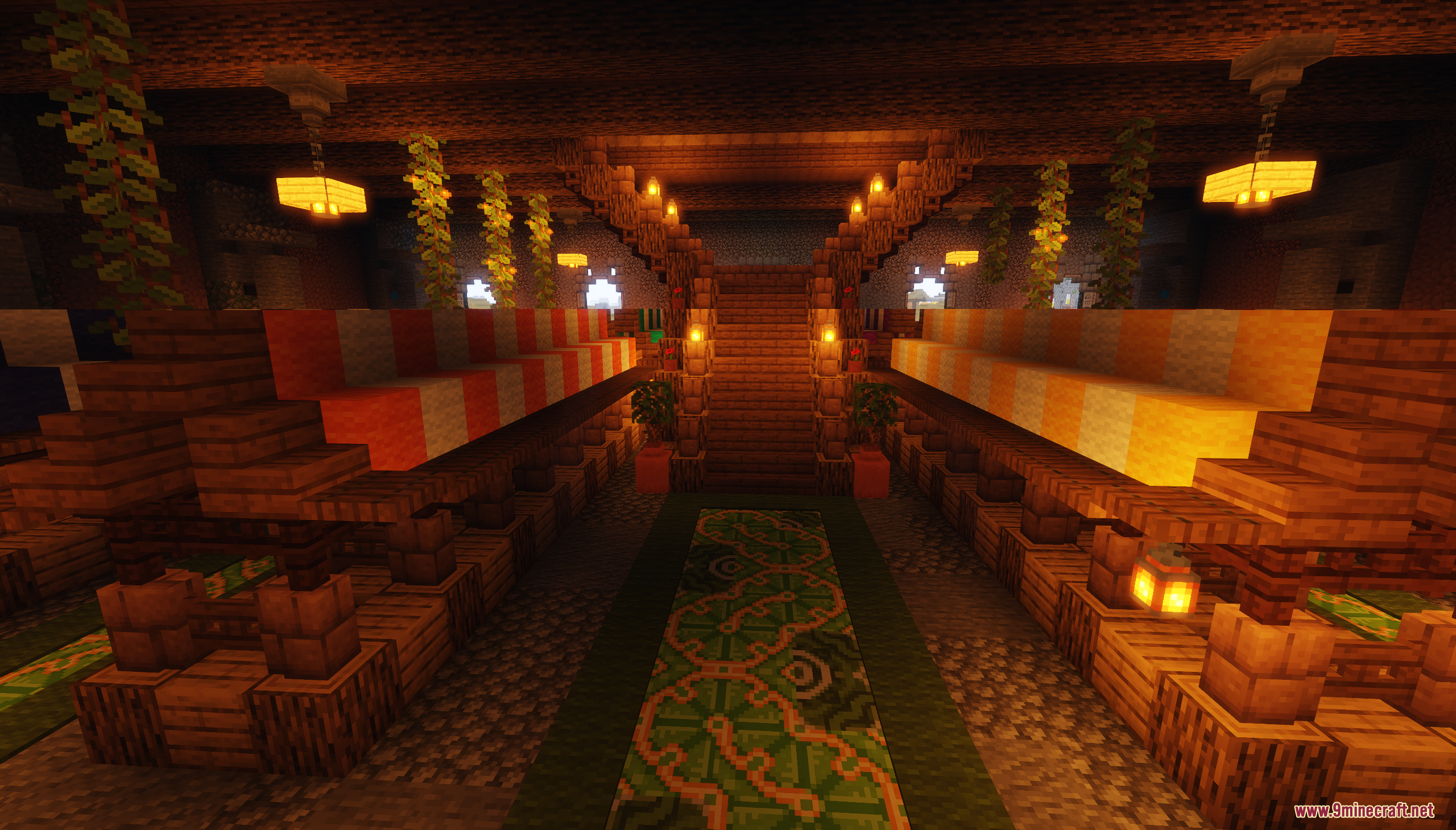 Interior view of a trading hall with stalls and stairs