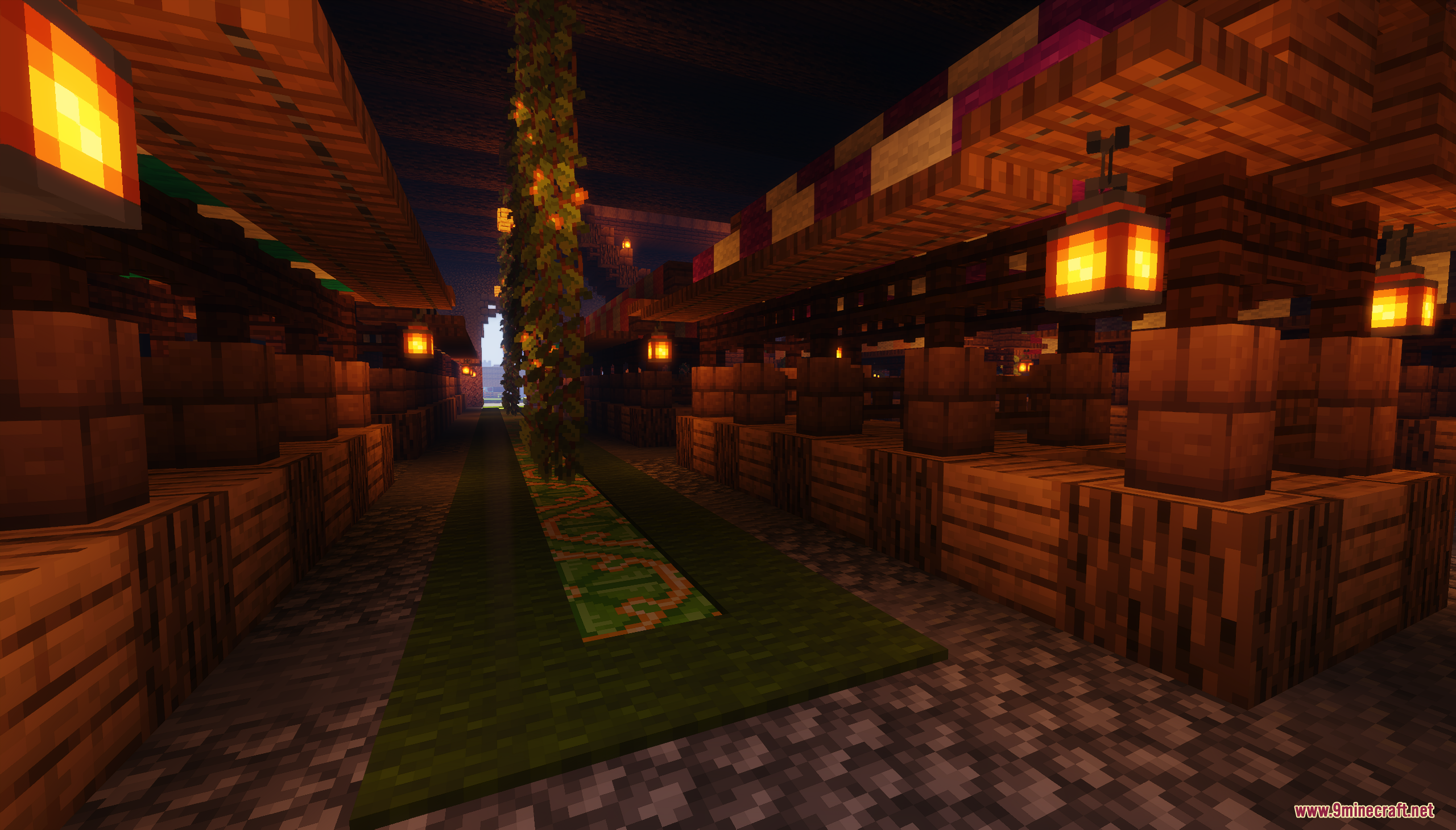 Dimly lit wooden market stalls lined up along a green carpeted path