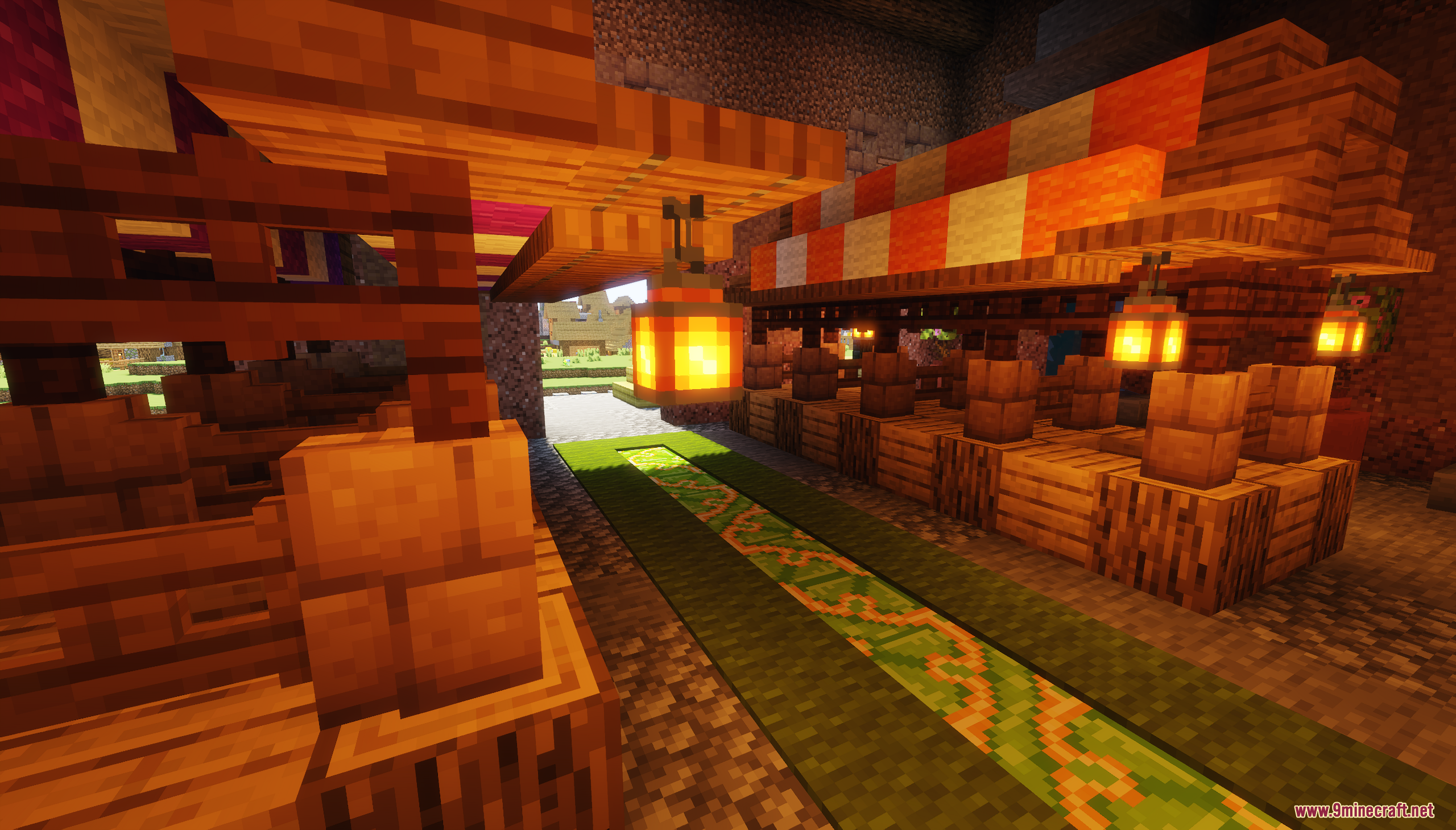 Brightly lit wooden trading stalls with colorful striped awnings and hanging lanterns
