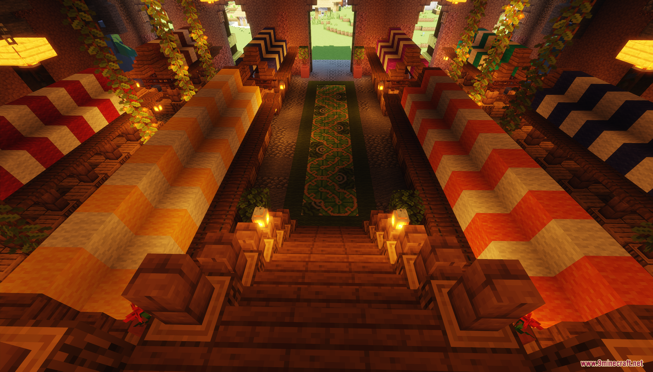 Interior view of a trading hall featuring striped market stalls and green carpet