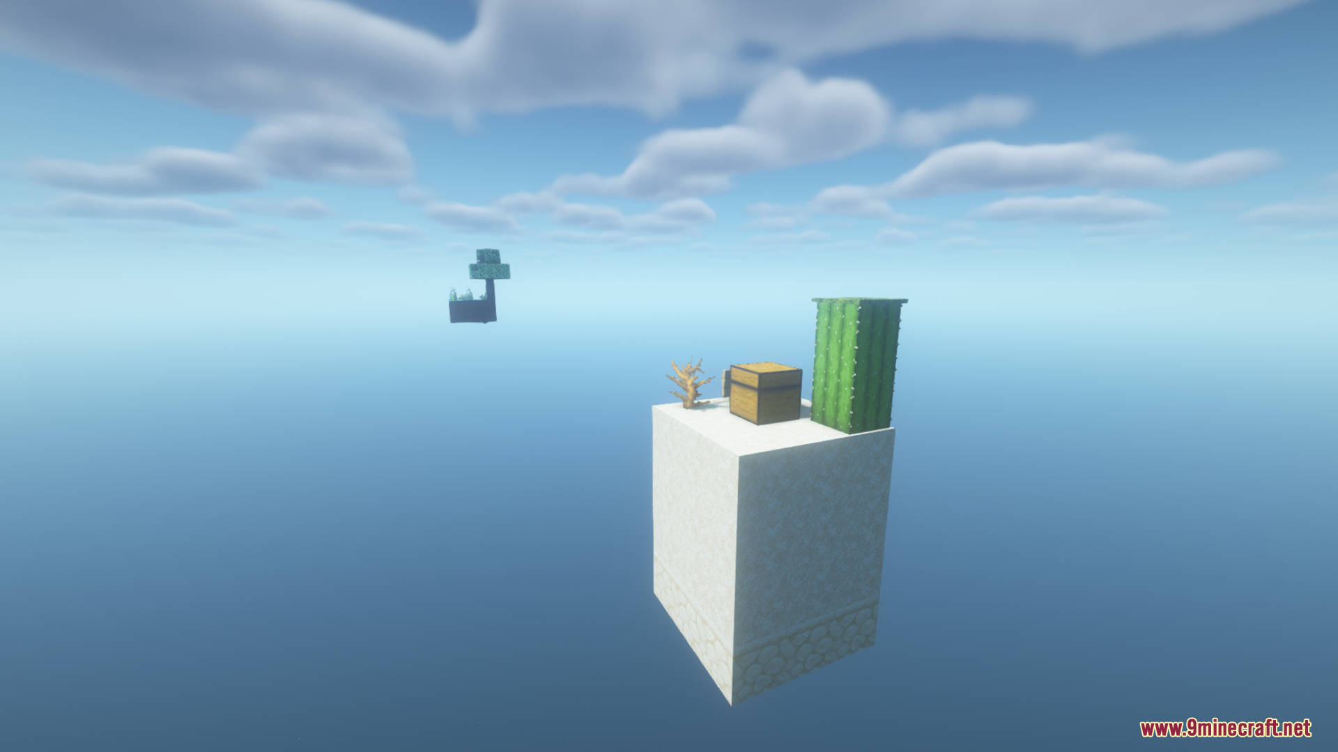 A starting skyblock island with a chest and cactus