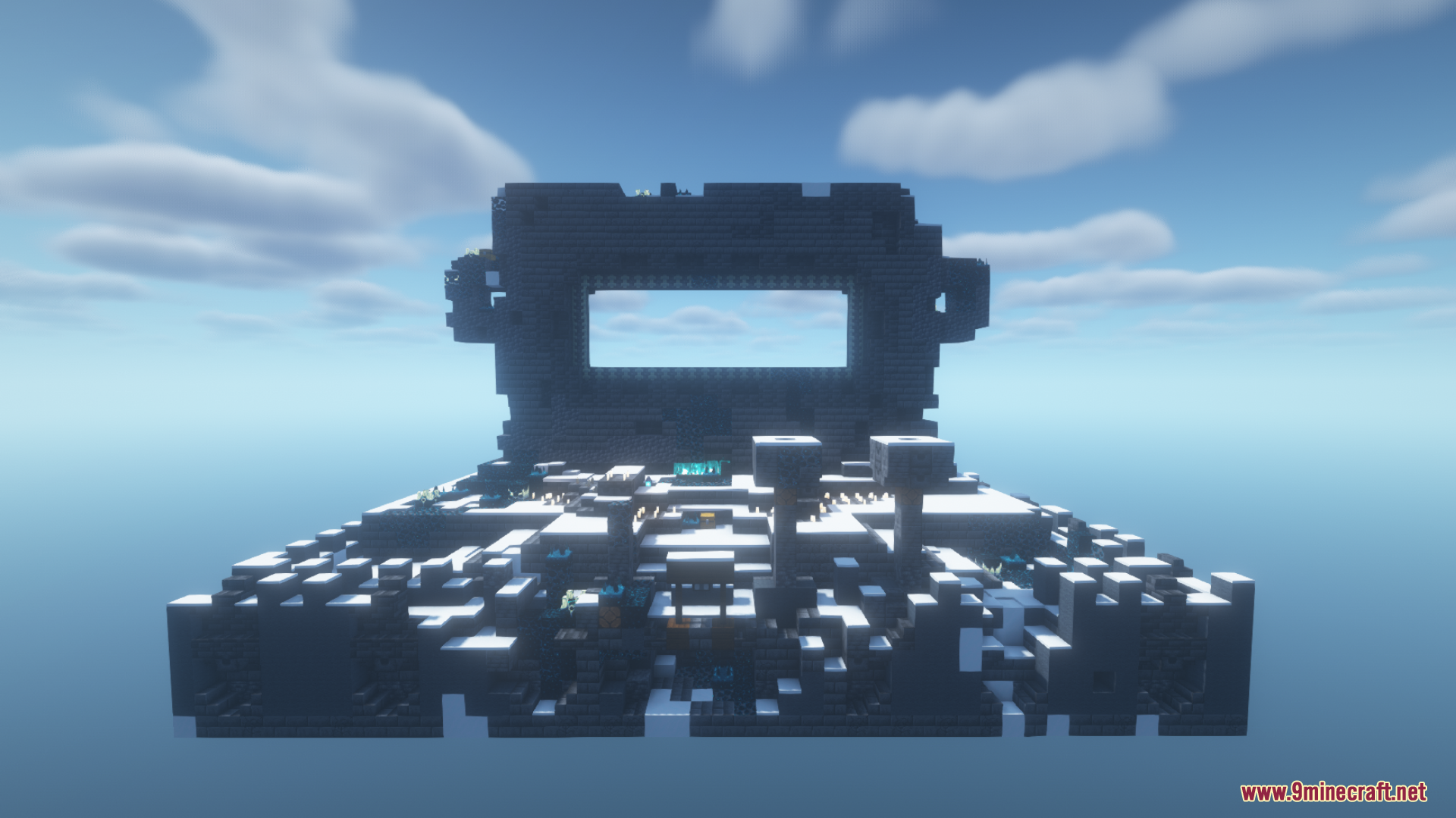 A large dark floating structure with a portal frame