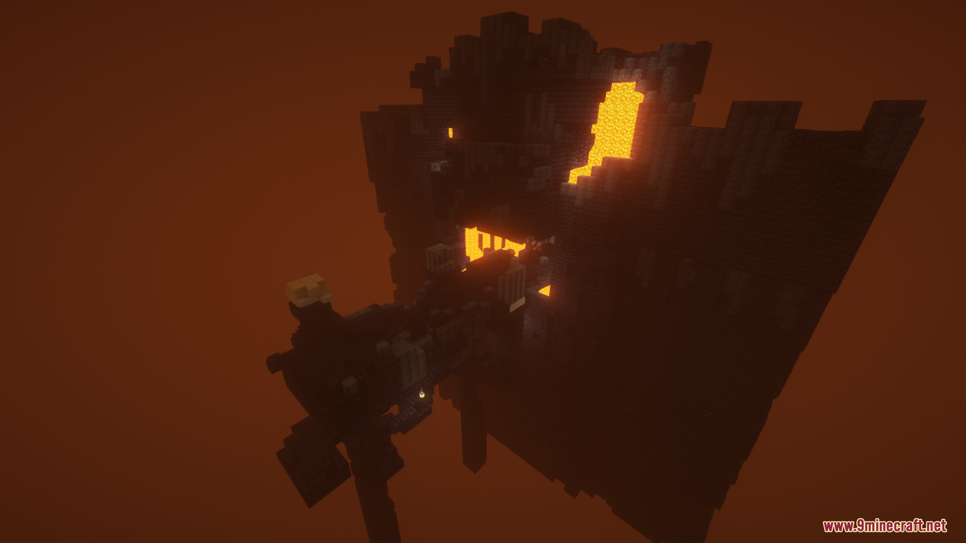 A dark fortress with lava floating in the Nether