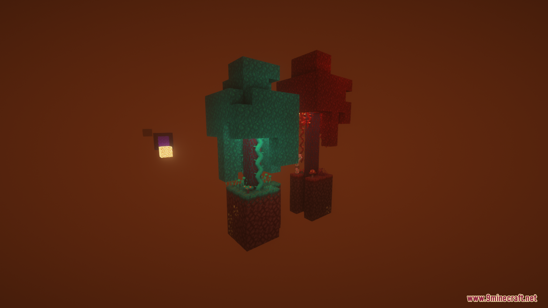 Floating warped and crimson trees in the Nether void