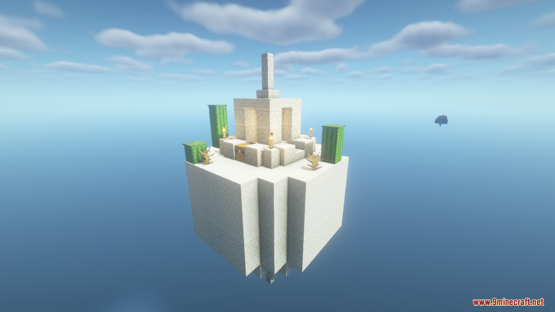 A small desert-themed skyblock island floating in the sky