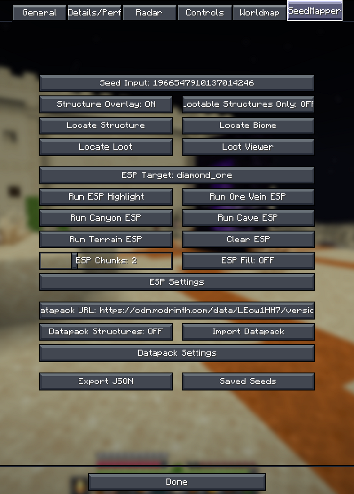 A menu screen for a mapping tool with various settings and options