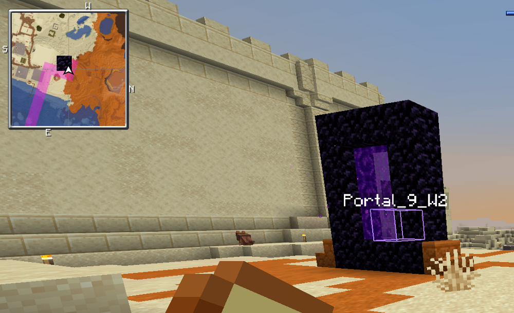 Minimap interface displaying terrain and waypoints near a labeled nether portal