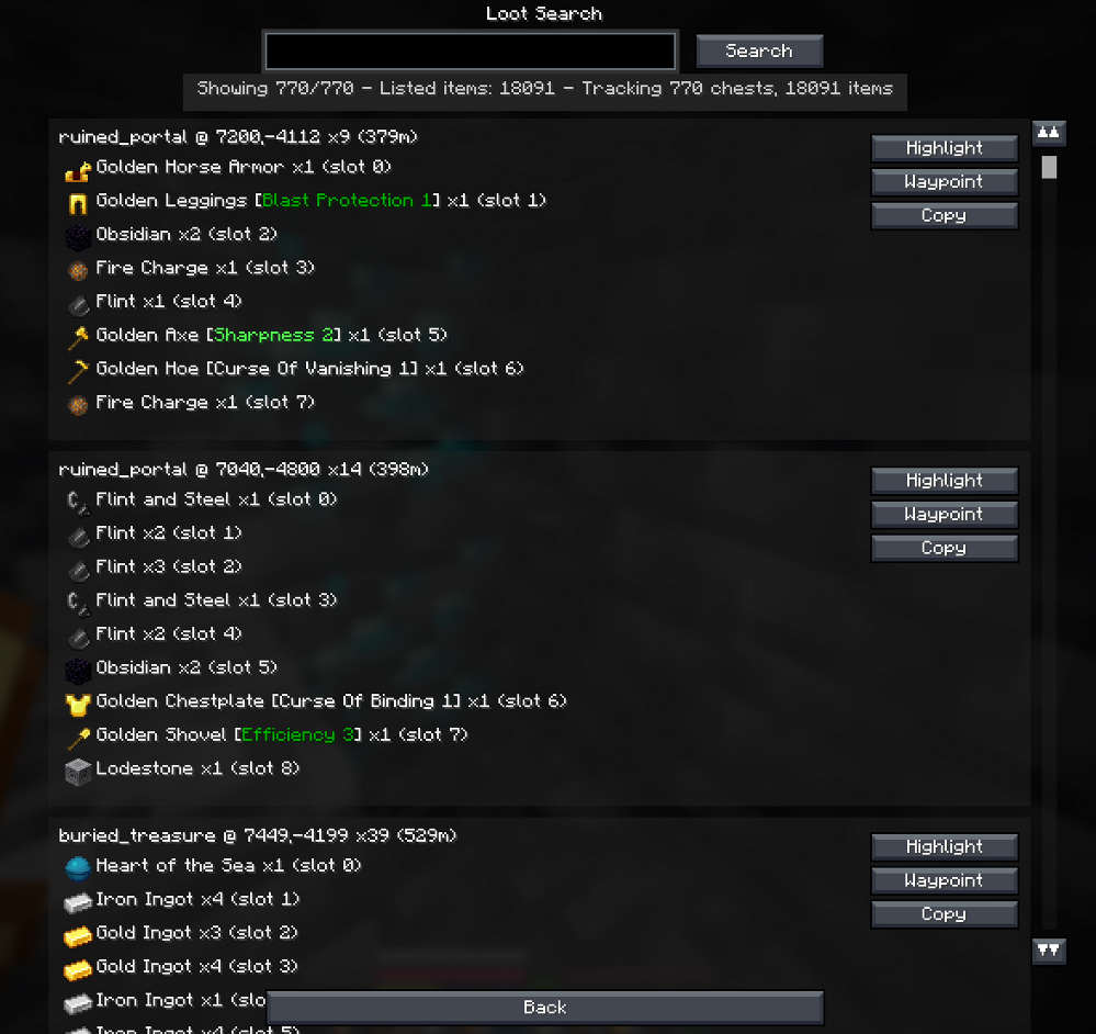 Loot search interface displaying items found in ruined portals and buried treasure chests