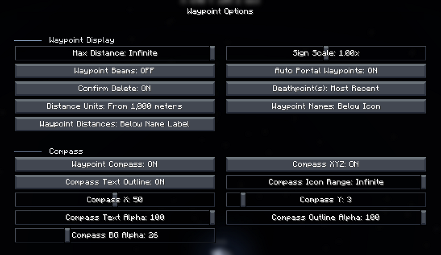 Minecraft settings menu showing various waypoint and compass display options
