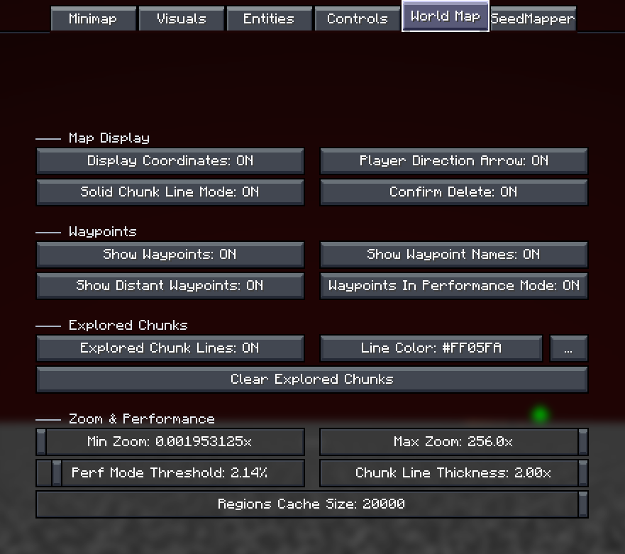 World map settings menu in Minecraft showing display waypoints and performance options