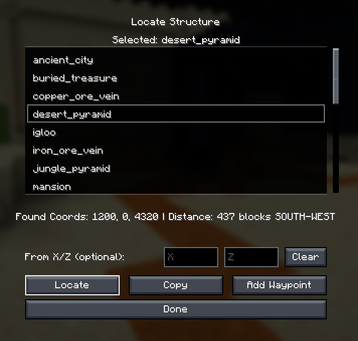 A menu screen for locating structures with desert pyramid selected