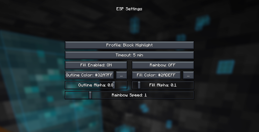 In game ESP settings menu displaying block highlight color and transparency options