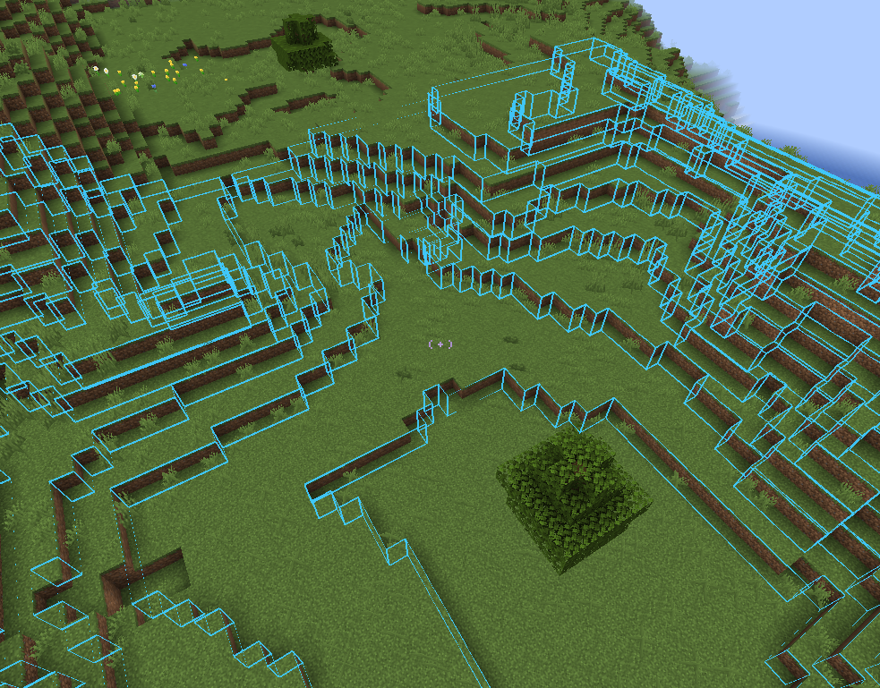 Grassy Minecraft terrain viewed from above with blue wireframe block highlight outlines